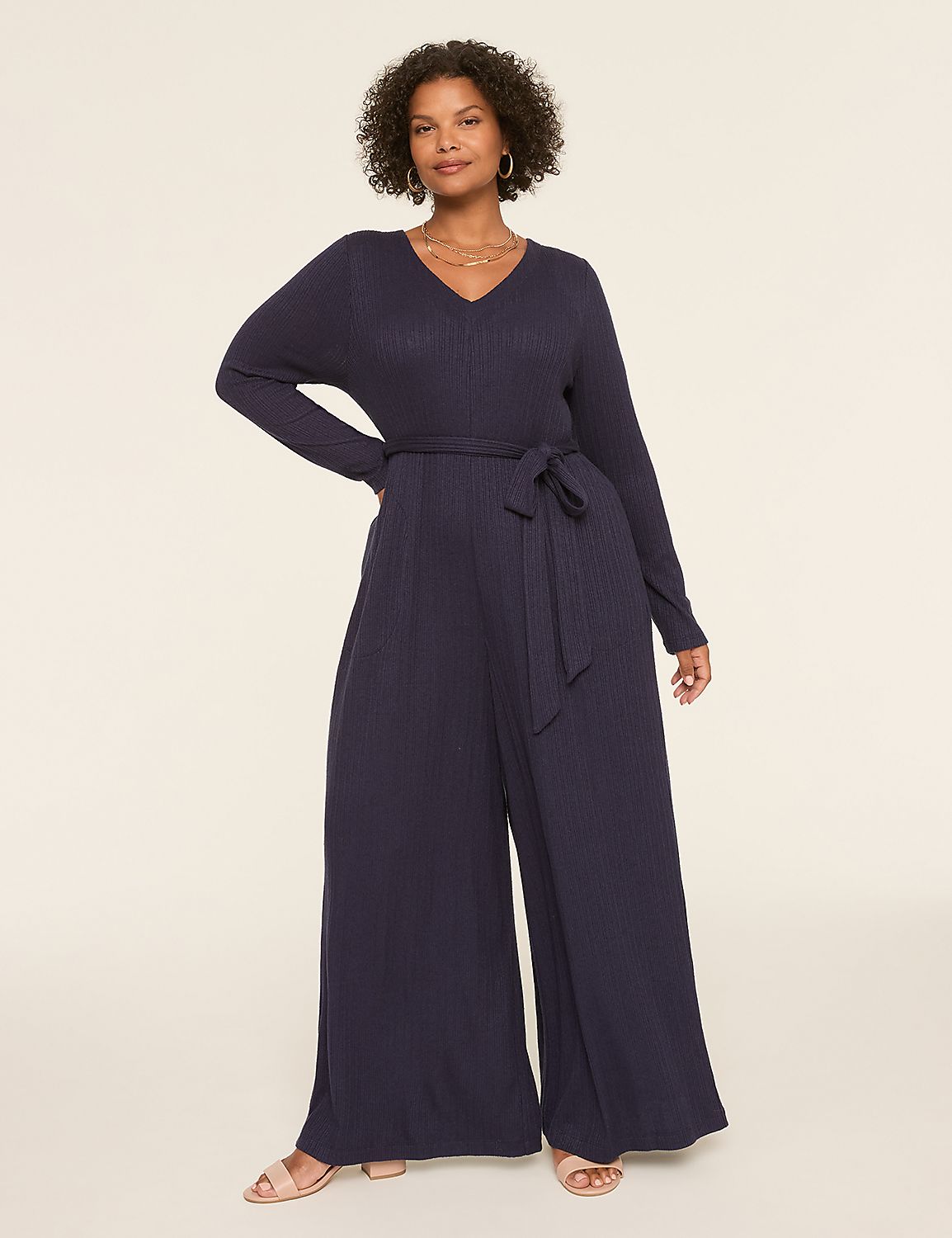 Long-Sleeve Wide Leg Ribbed Jumpsuit Product Image 1