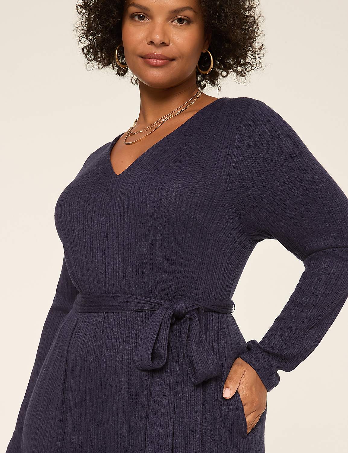 Long-Sleeve Wide Leg Ribbed Jumpsuit Product Image 3