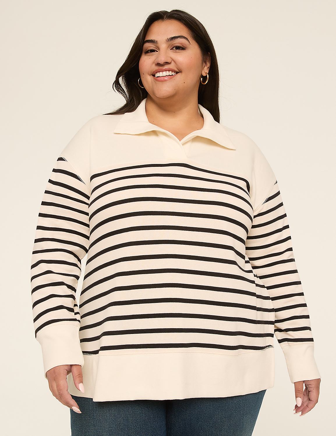 Long-Sleeve Notched Collar Sweatshirt Product Image 1