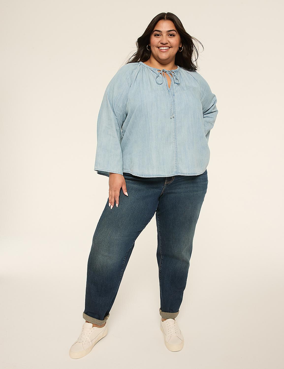Split-Neck Bracelet Sleeve Denim Blouse Product Image 3
