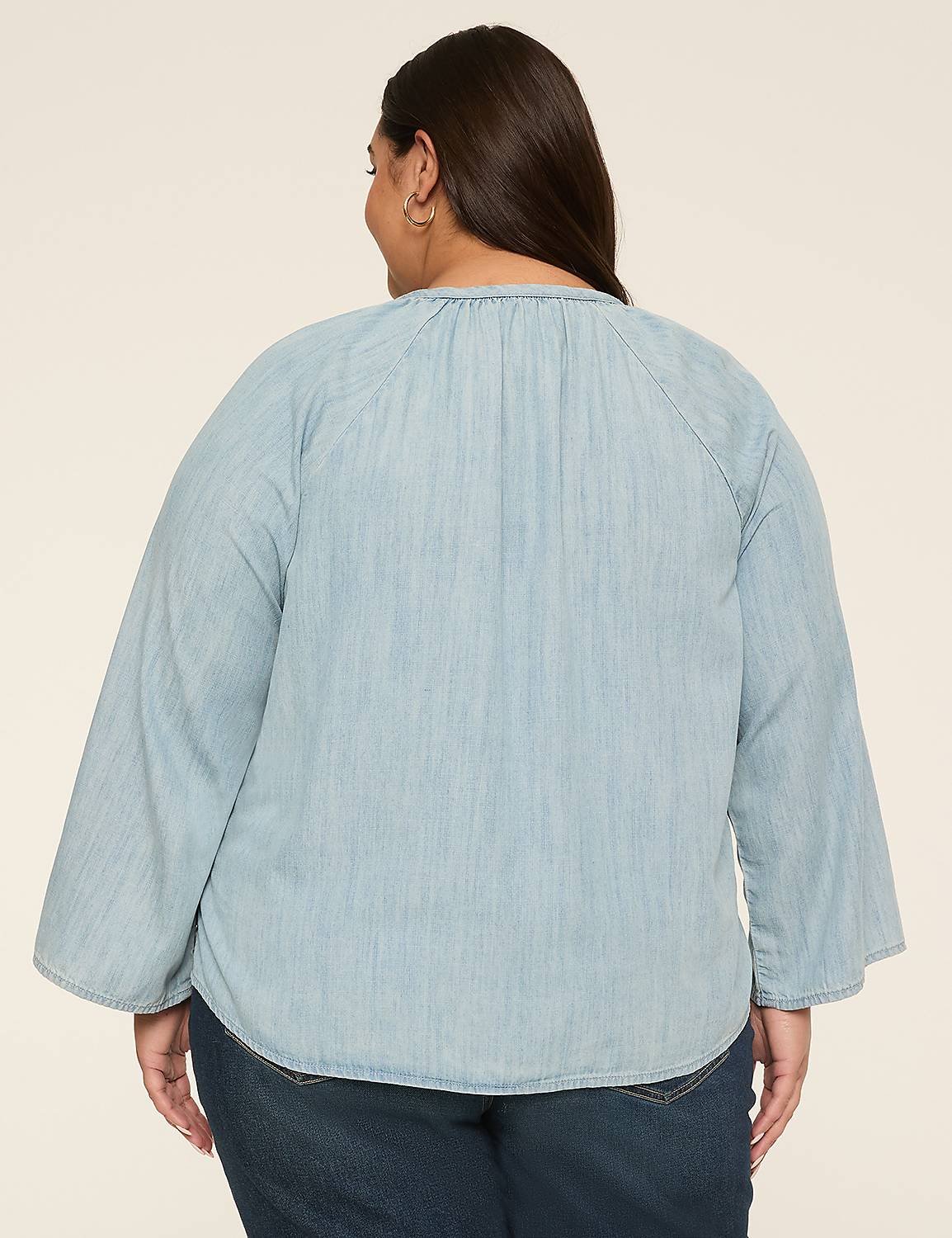 Split-Neck Bracelet Sleeve Denim Blouse Product Image 2