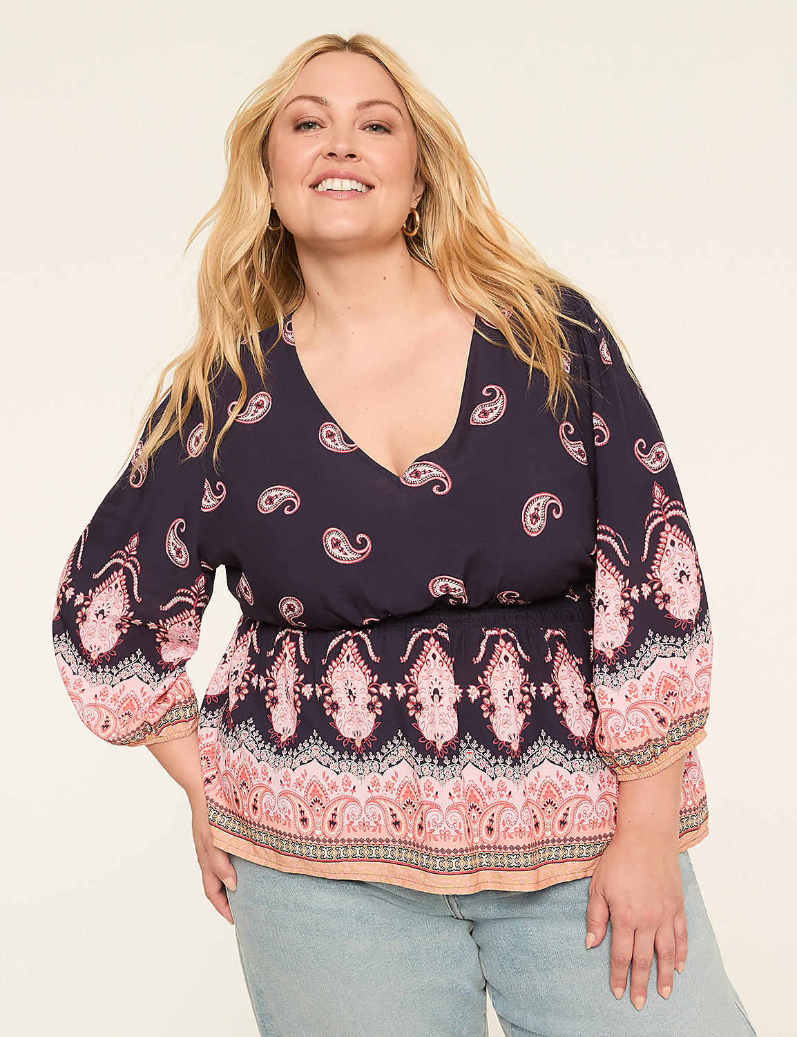 3/4-Sleeve V-Neck Peplum Blouse Product Image 1