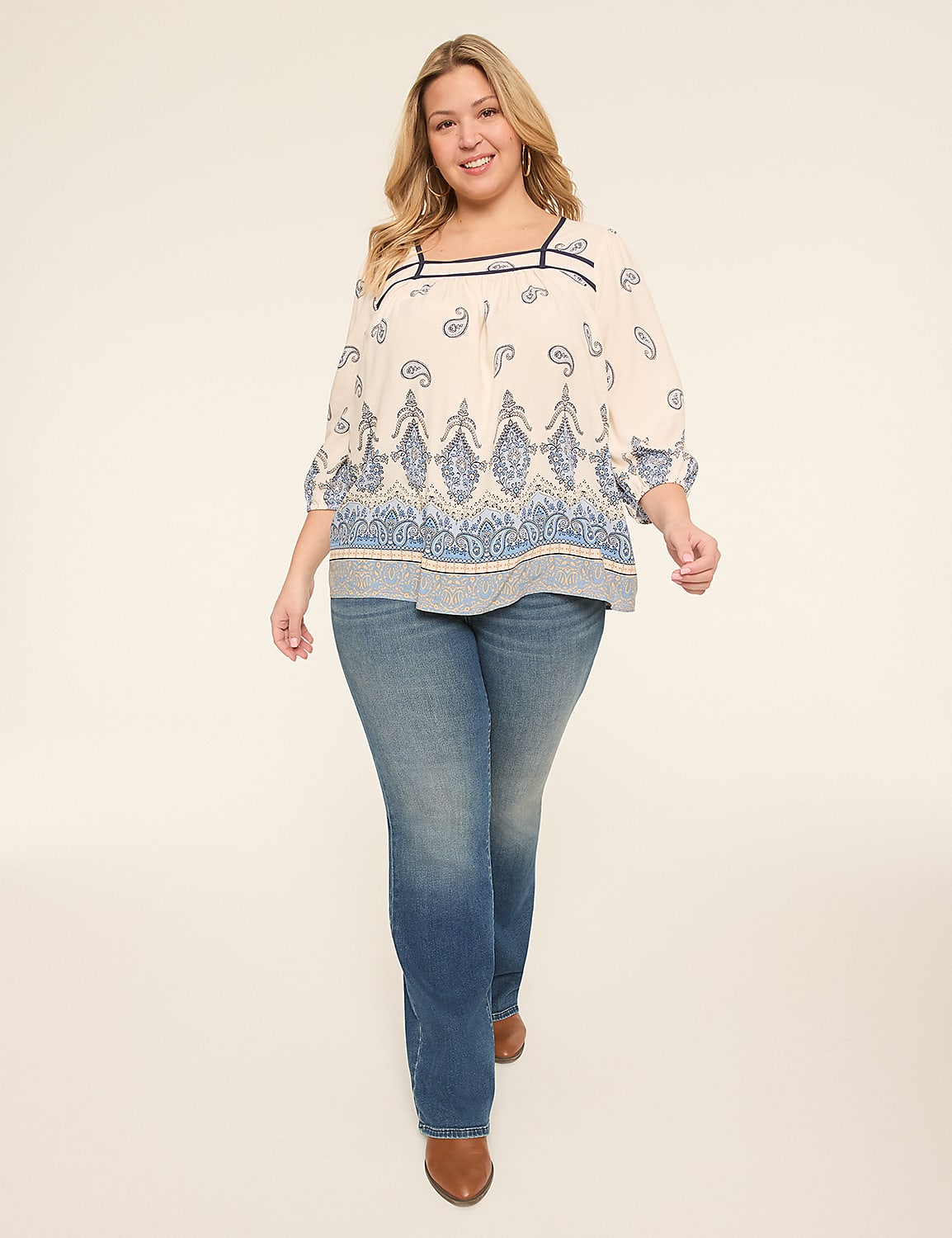 3/4-Sleeve Square-Neck Popover Blouse Product Image 3