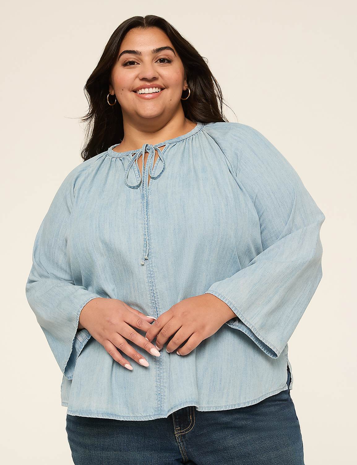 Split-Neck Bracelet Sleeve Denim Blouse Product Image 1