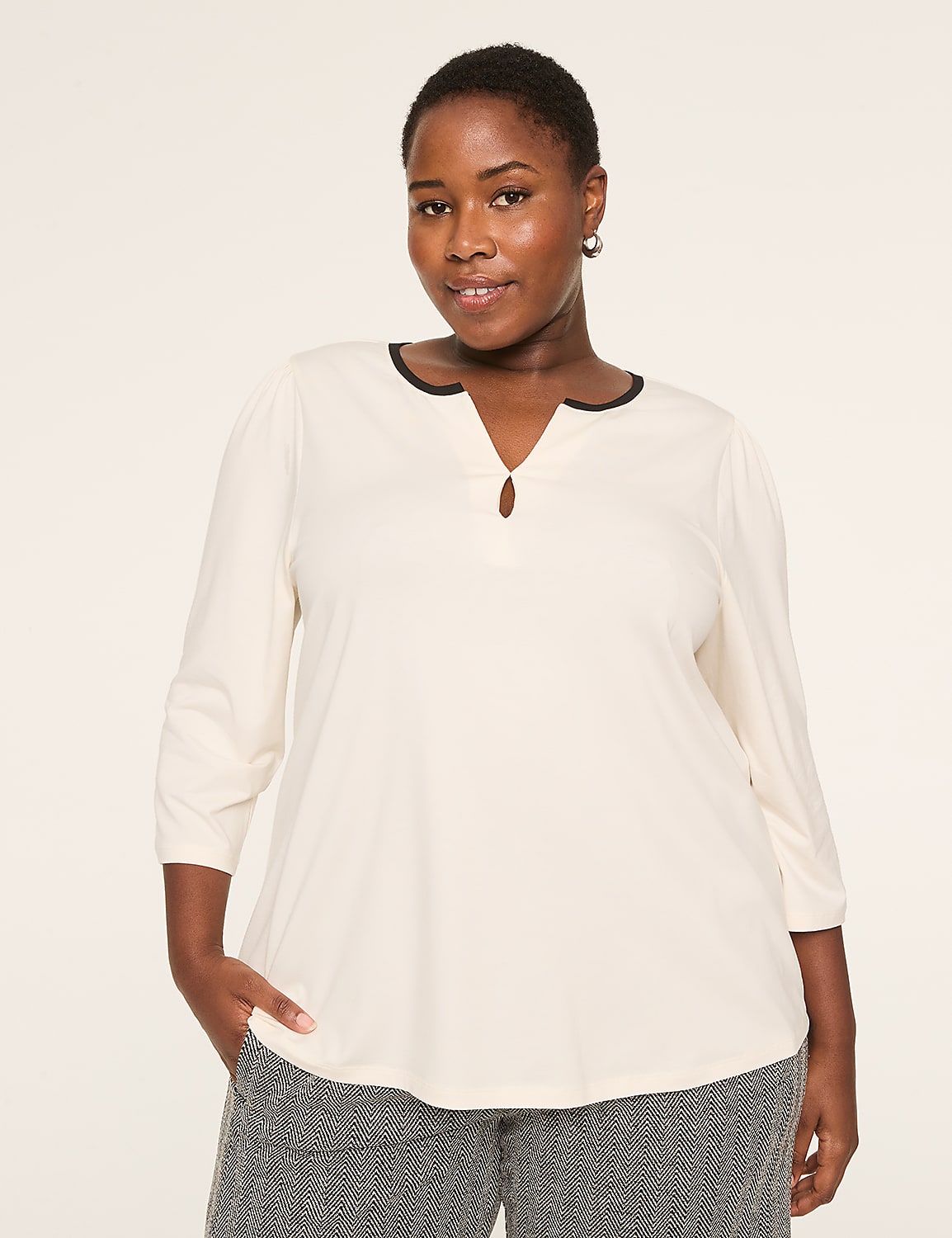 3/4-Sleeve Notch-Neck Keyhole Tee Product Image 1