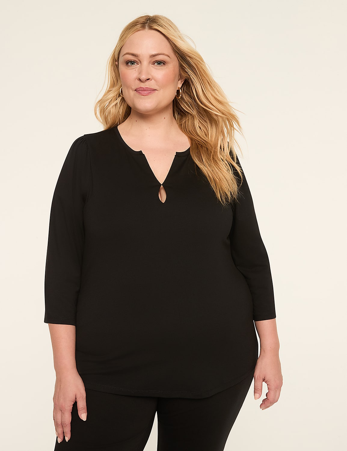 3/4-Sleeve Notch-Neck Keyhole Tee Product Image 1