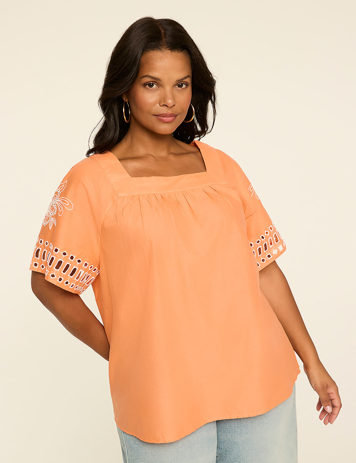Flutter-Sleeve Embroidered Square-Neck Top Product Image 1