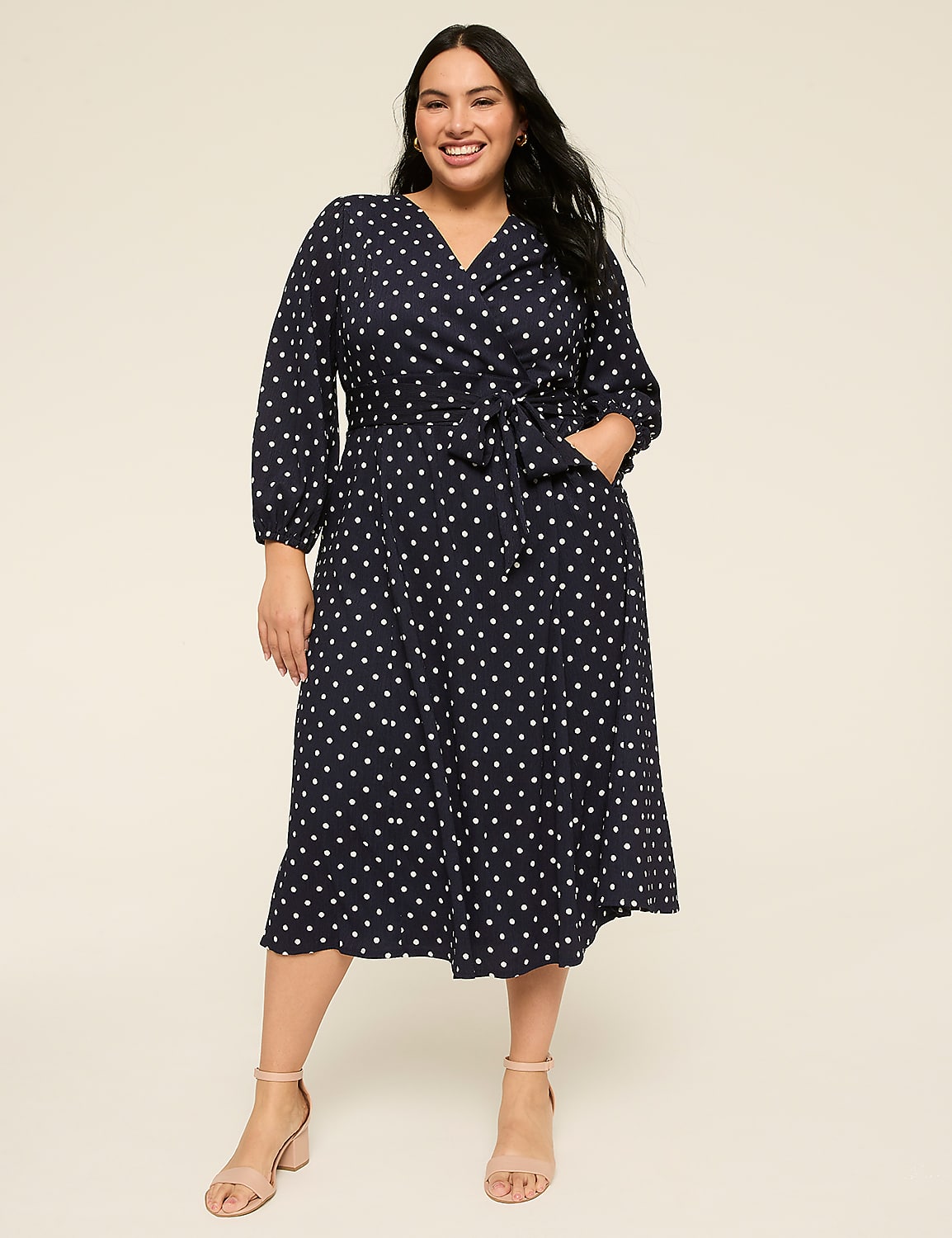 Lena Long-Sleeve Surplice-Neck Midi Dress Product Image 1