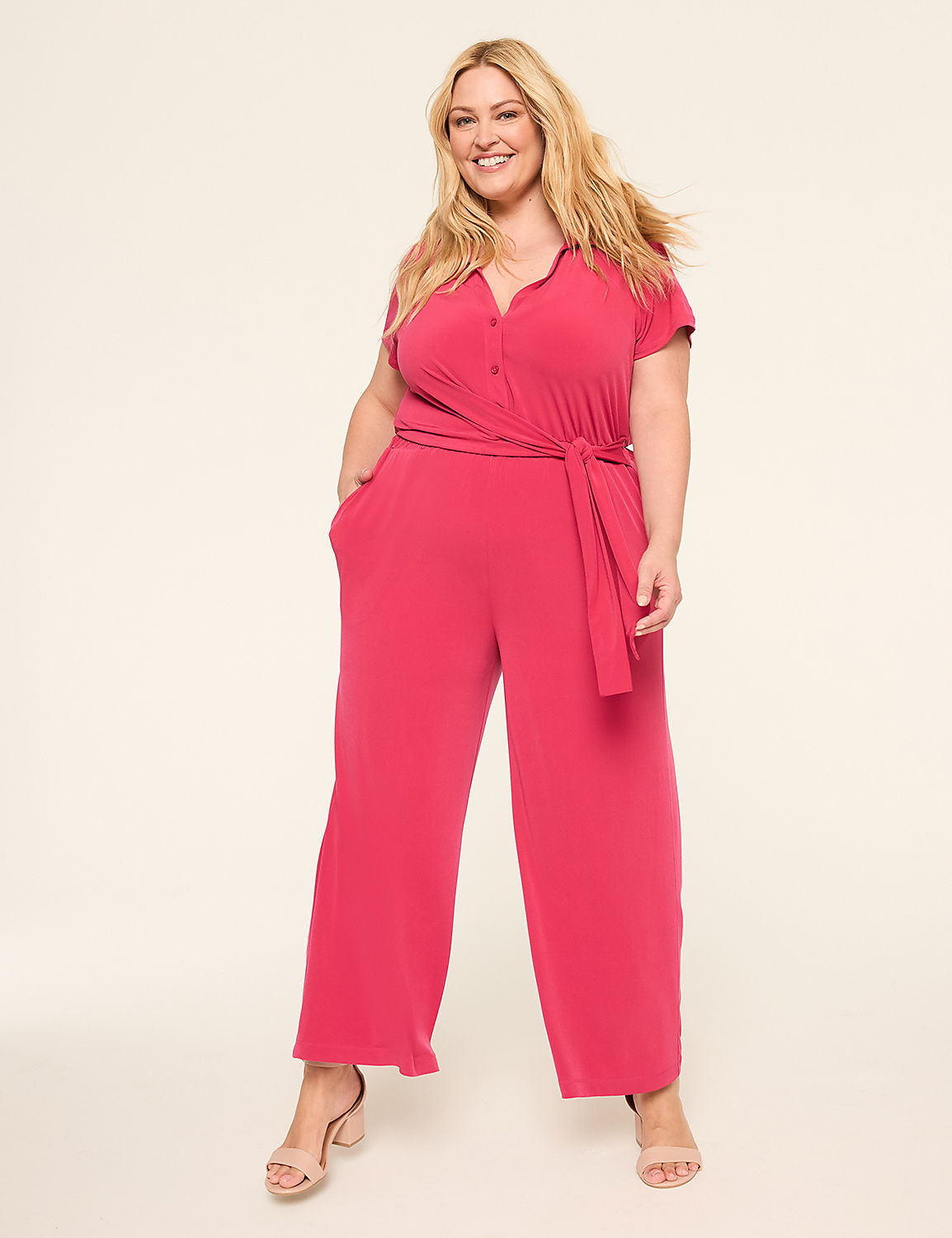 Popover Collar Tie-Waist Jersey Jumpsuit Product Image 1