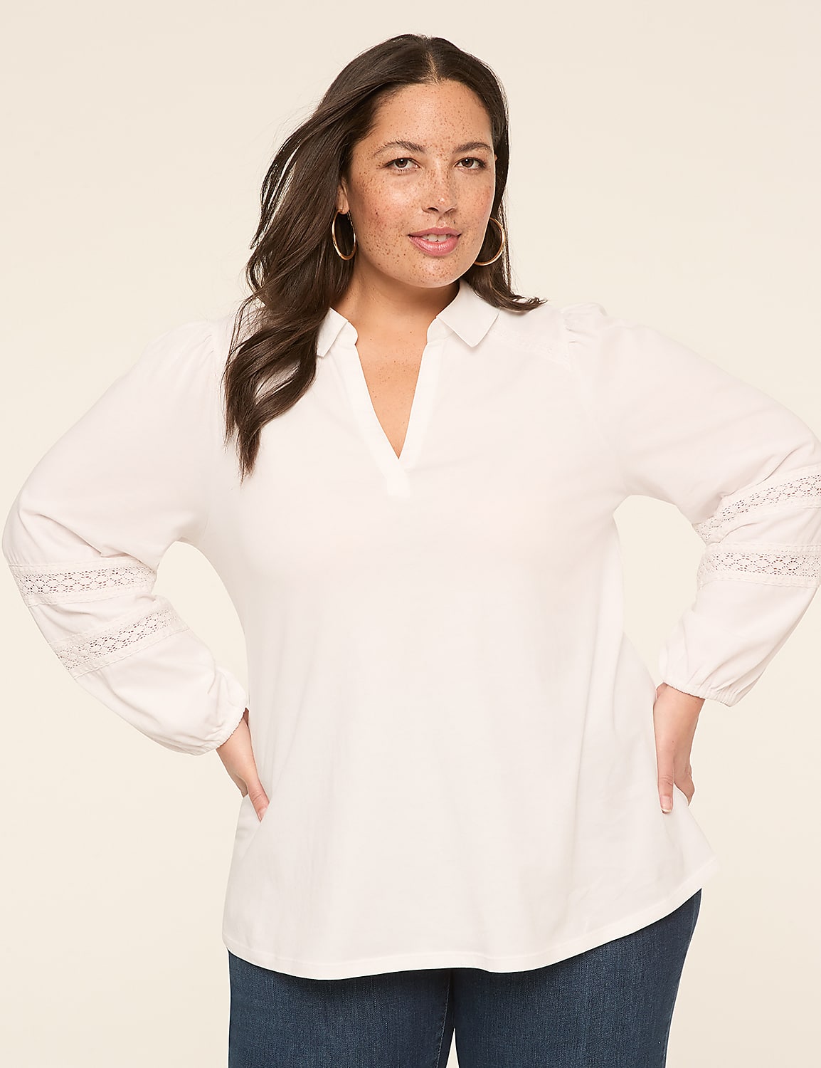 Long-Sleeve Notched Collar Top Product Image 1