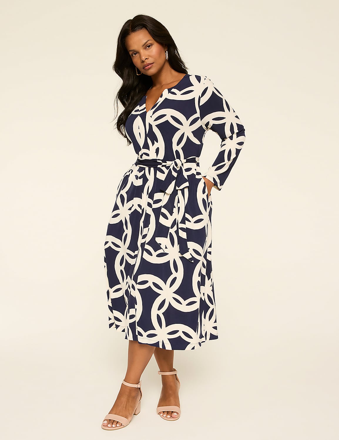 Long-Sleeve Faux-Wrap Dress Product Image 1