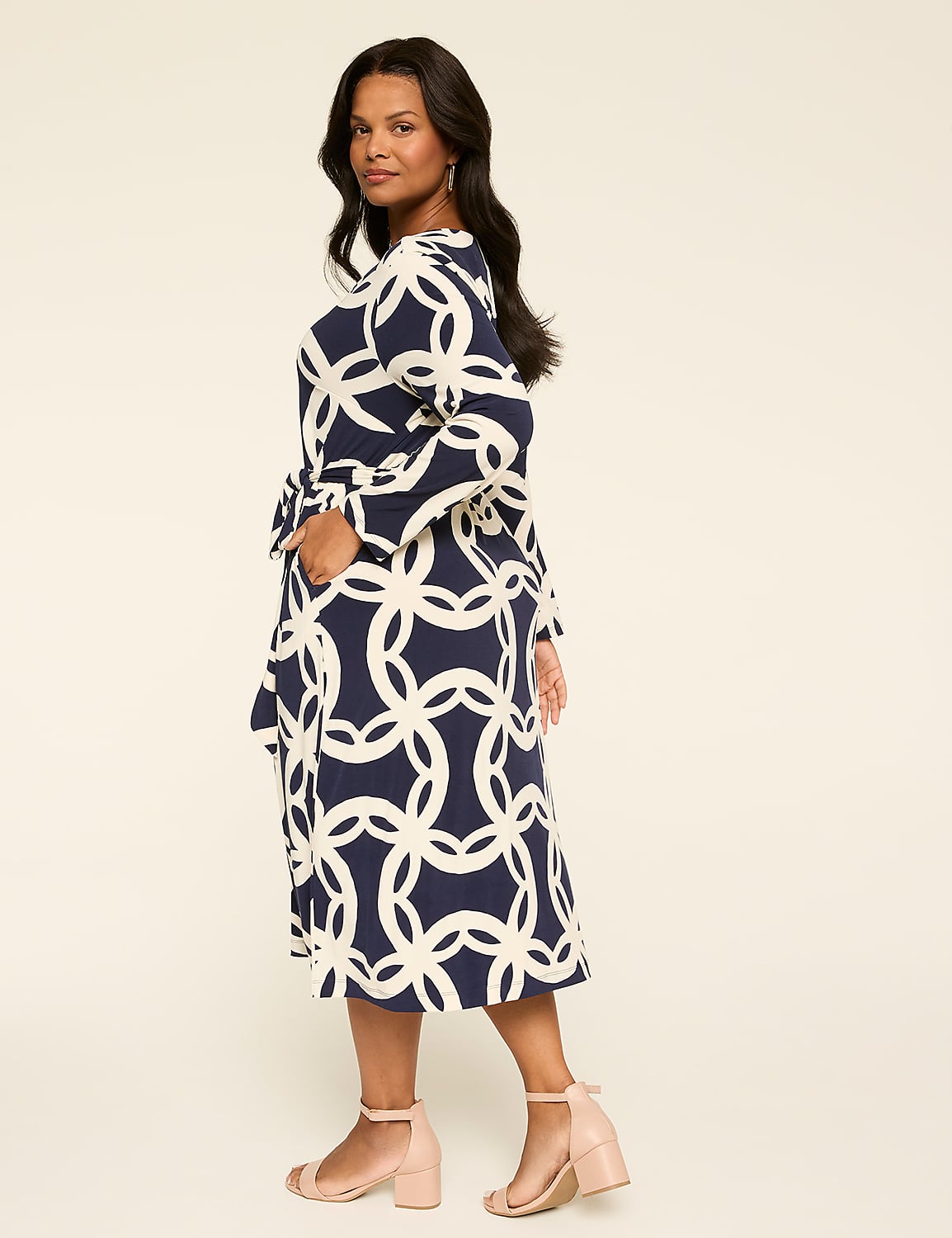 Long-Sleeve Faux-Wrap Dress Product Image 2