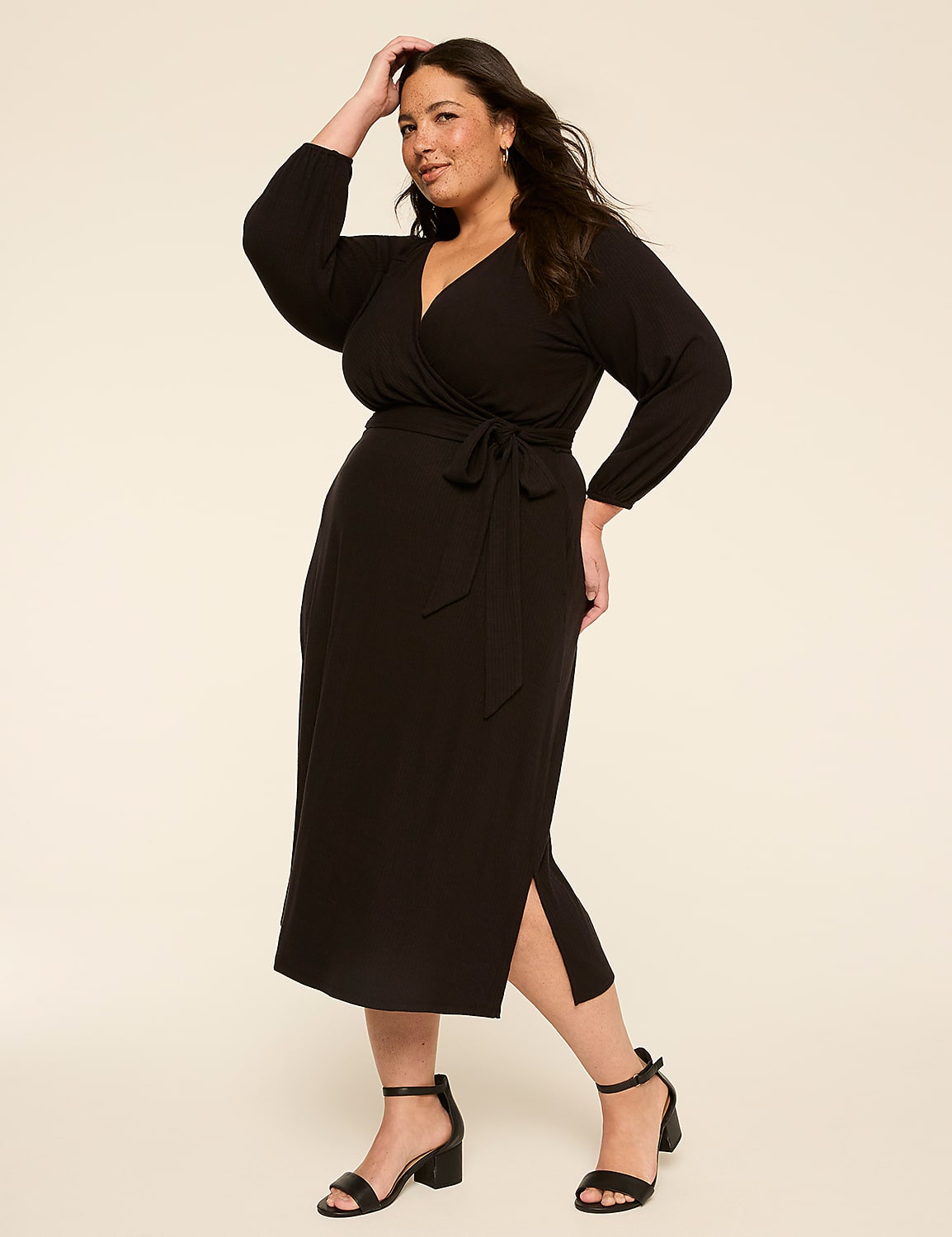 Long-Sleeve Wrap Midi Dress Product Image 1