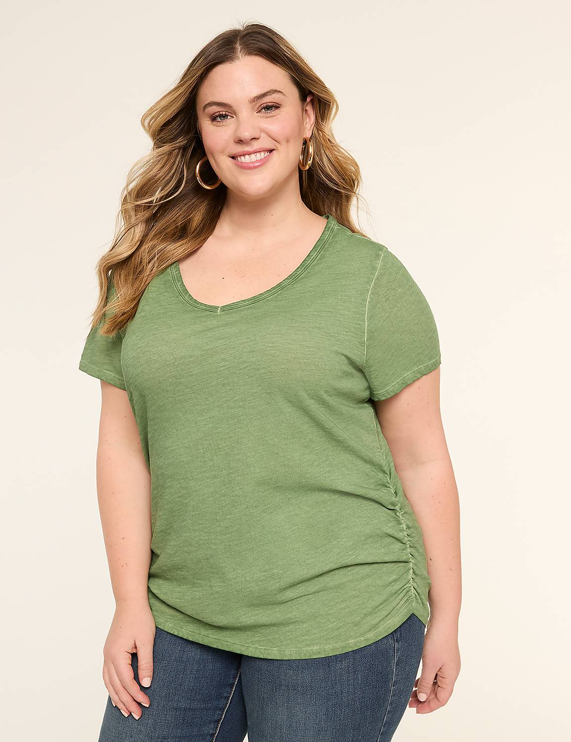 Short-Sleeve V-Neck Side-Ruched Tee Product Image 1
