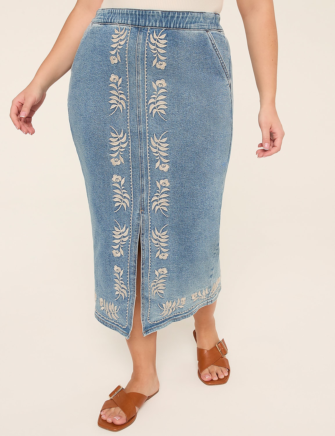 Embroidered Pencil Denim Skirt Product Image 1