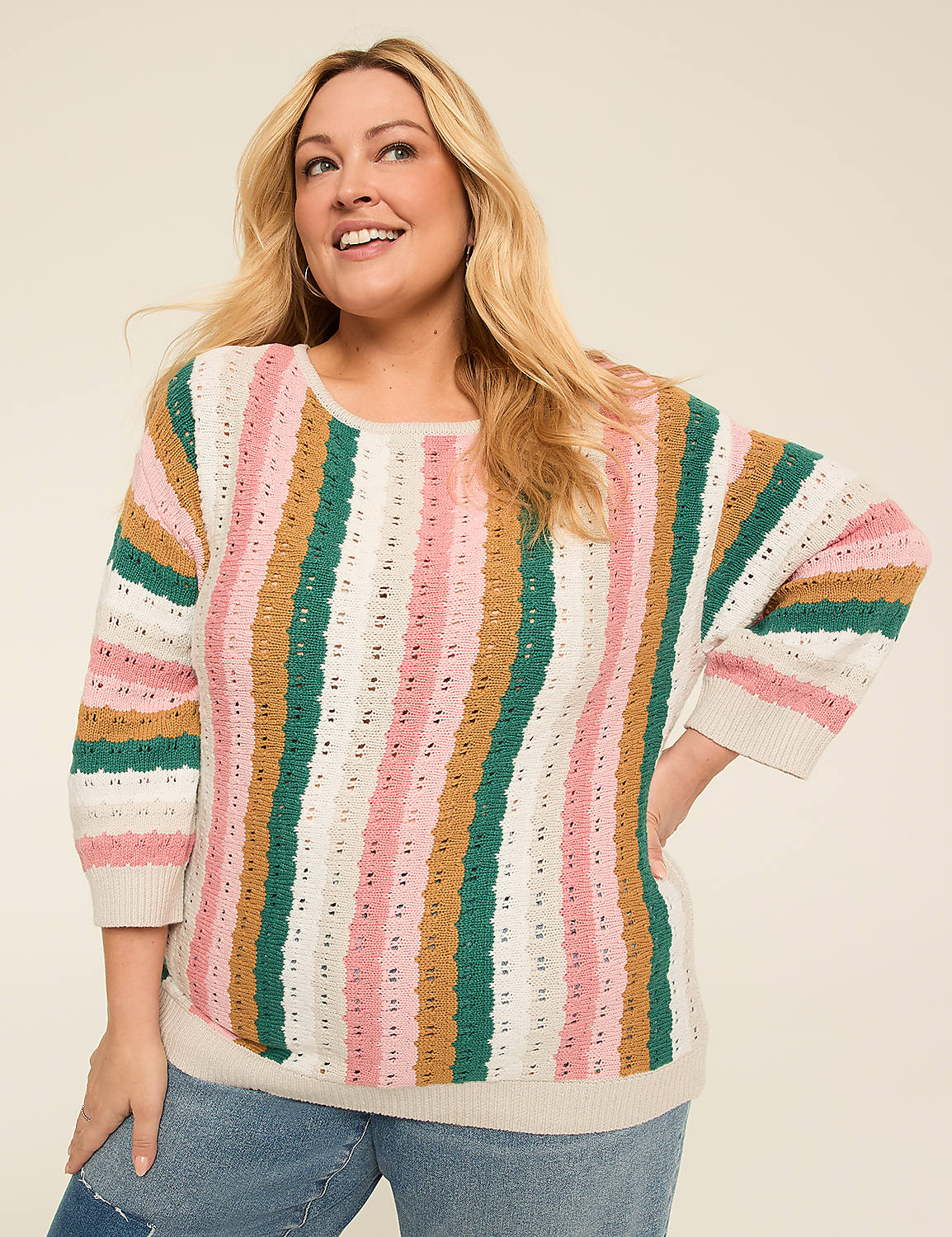 3/4 Sleeve Stitch Pullover Sweater Product Image 1