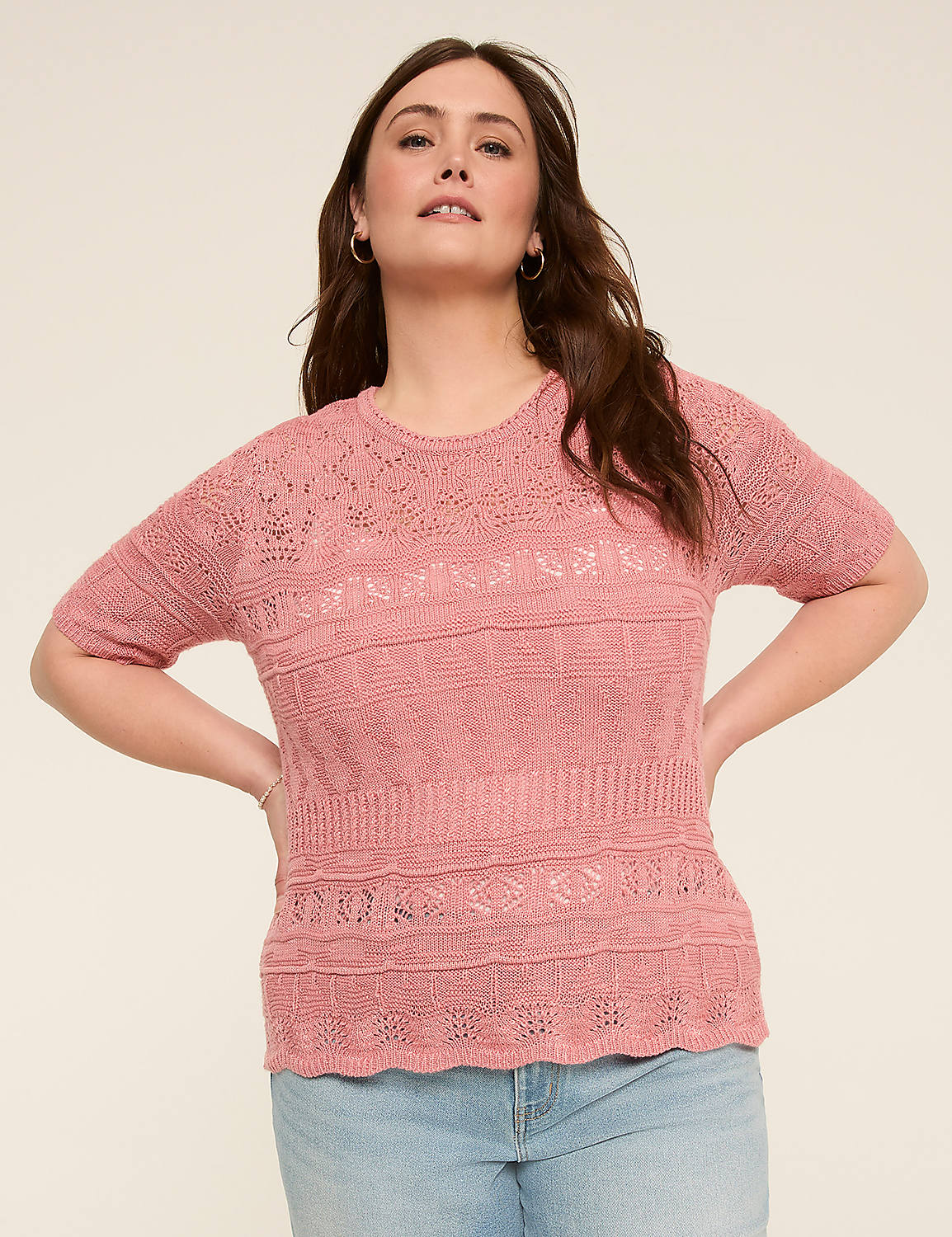 Short-Sleeve Pointelle Pullover Sweater Product Image 1