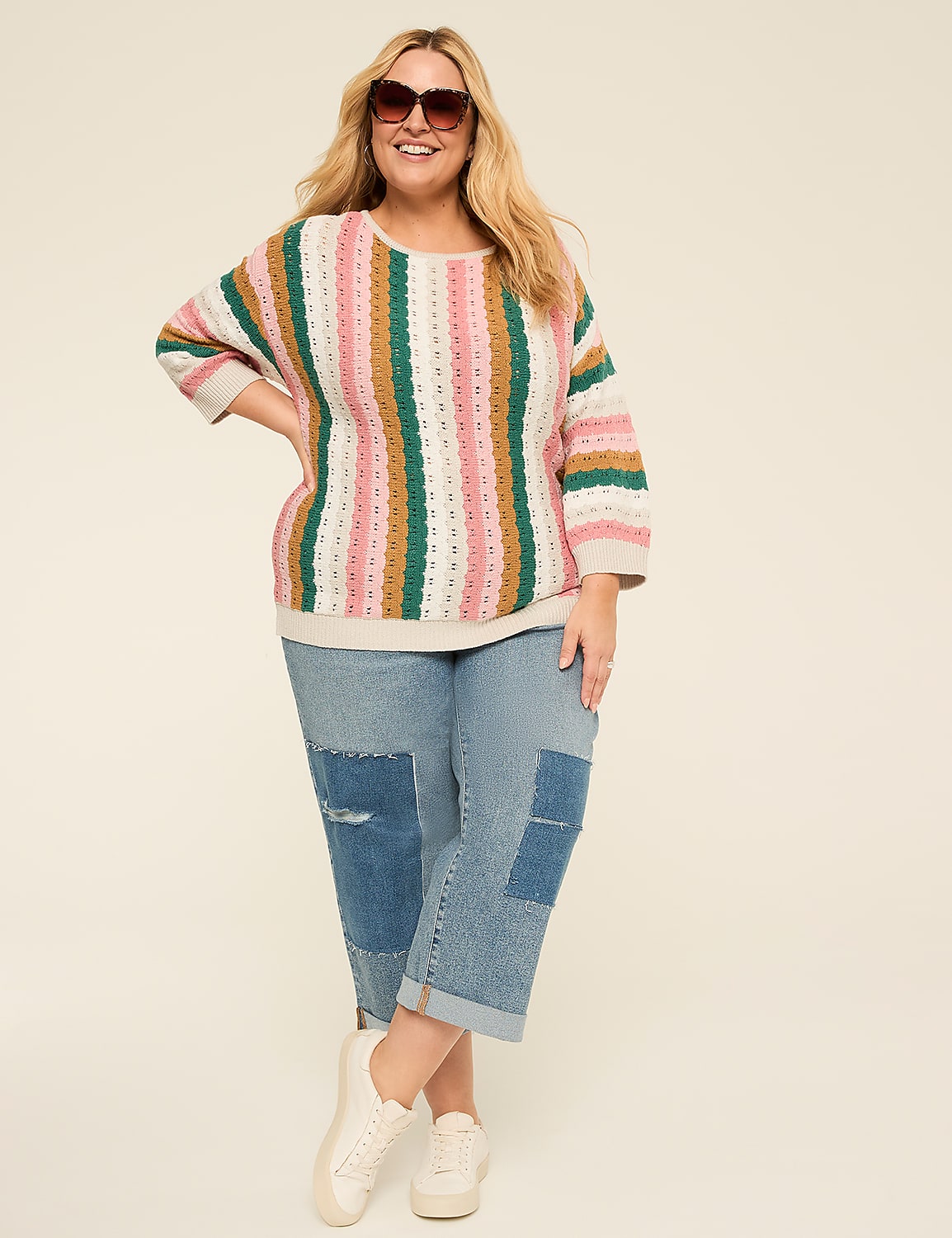 3/4 Sleeve Stitch Pullover Sweater Product Image 3