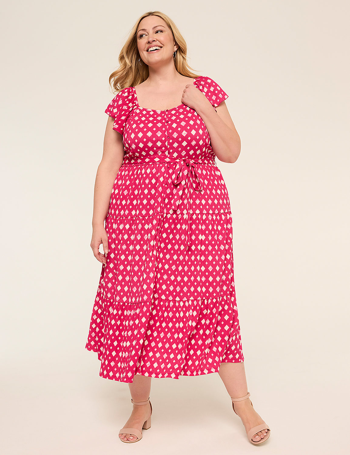 Short-Sleeve Ruffle Tie Waist Midi Dress Product Image 1