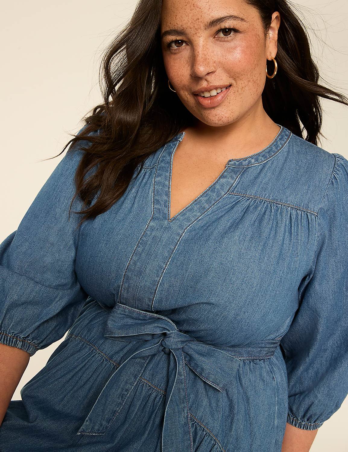 Split-Neck Tie-Waist Denim Dress Product Image 3