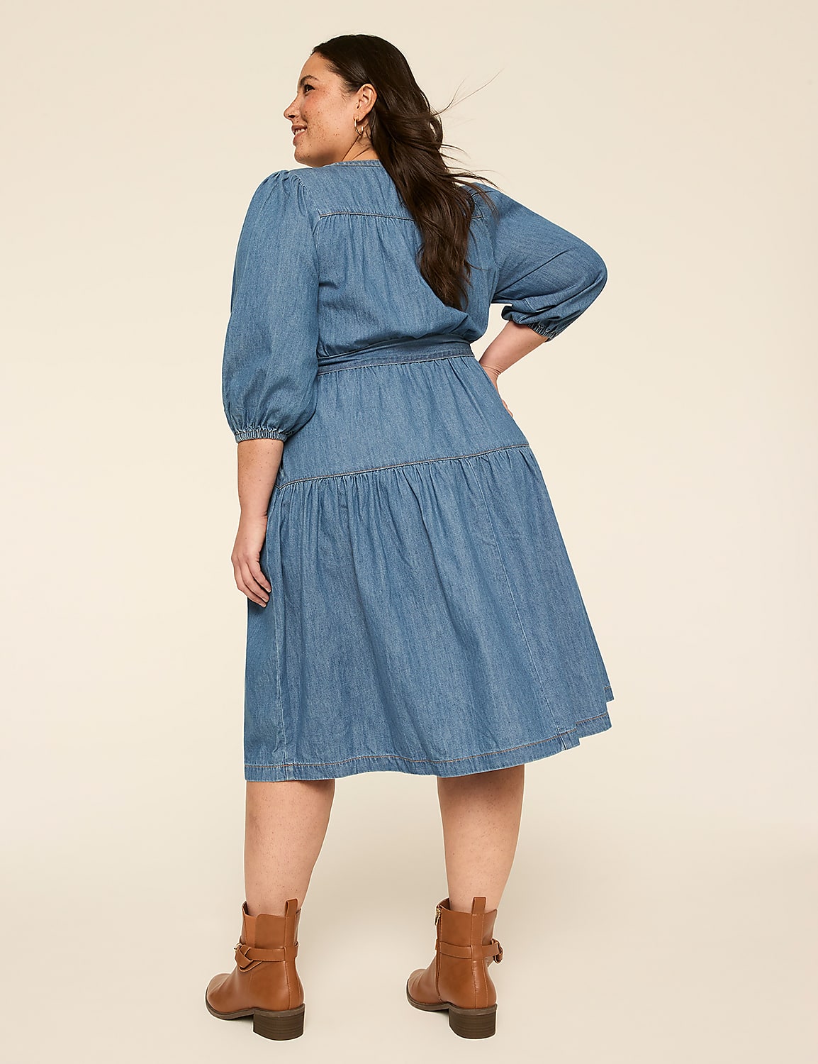 Split-Neck Tie-Waist Denim Dress Product Image 2