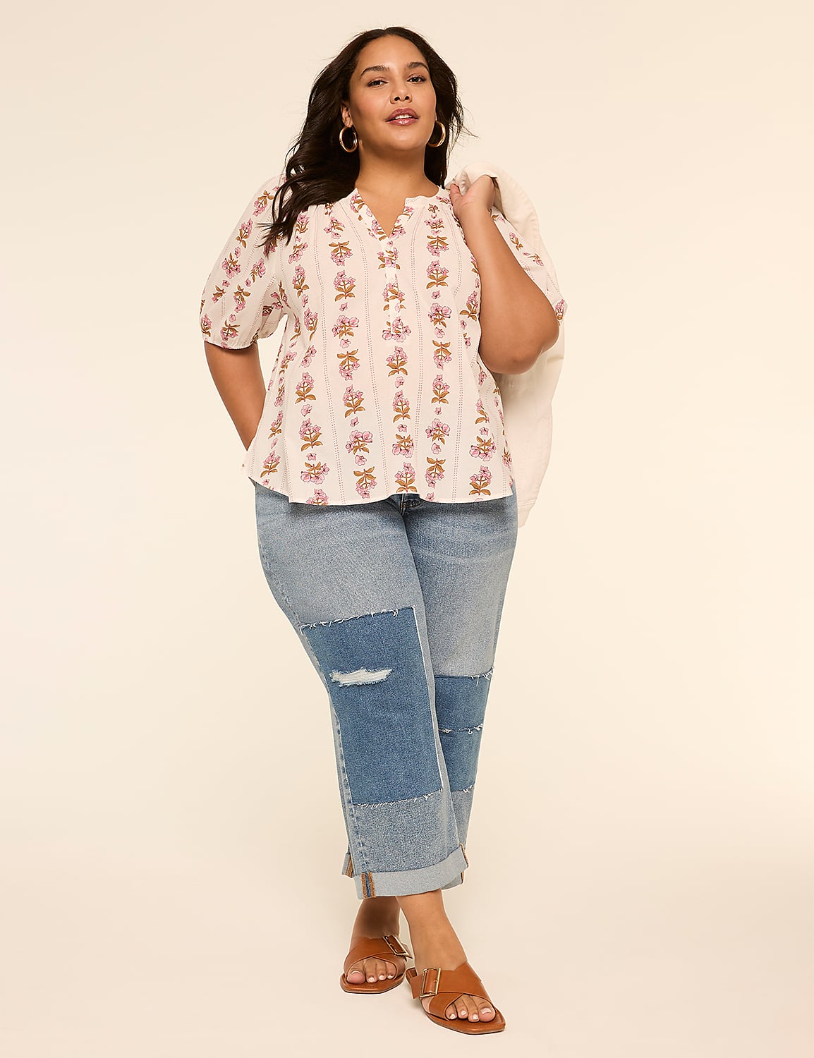 Puff-Sleeve Split-Neck Top Product Image 3