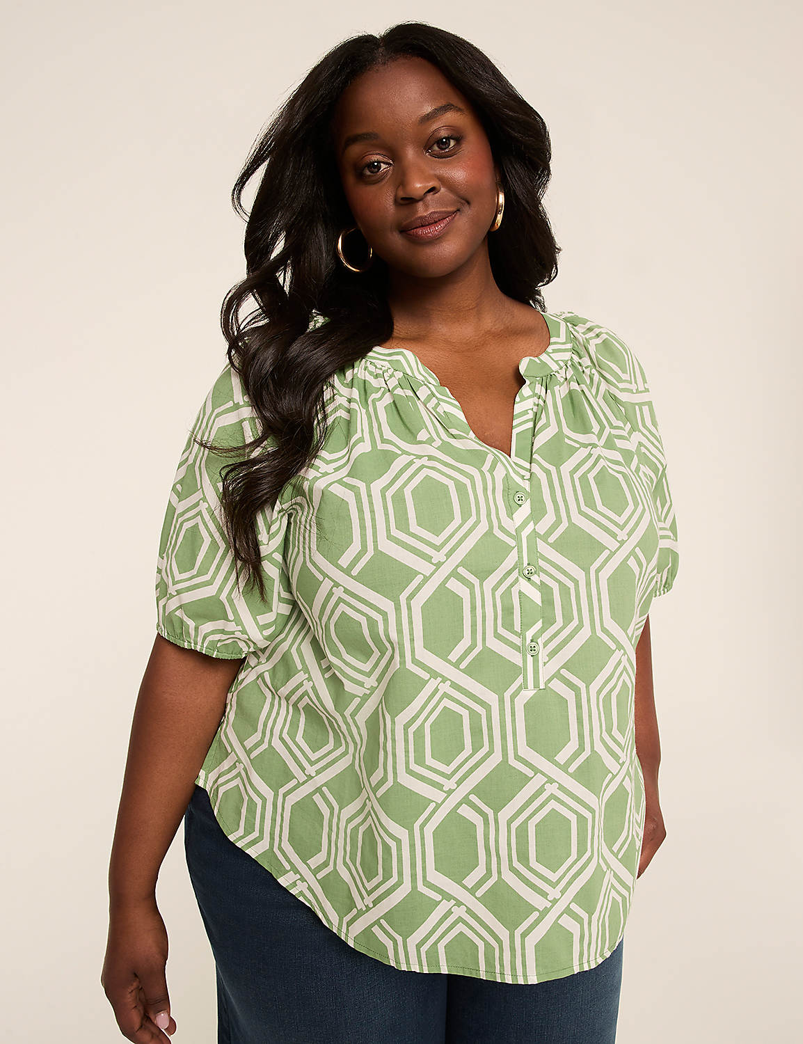 Puff-Sleeve Split-Neck Top Product Image 1
