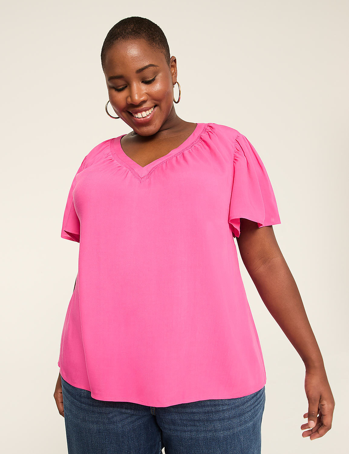 Short-Flutter-Sleeve V-Neck Popover Top Product Image 1