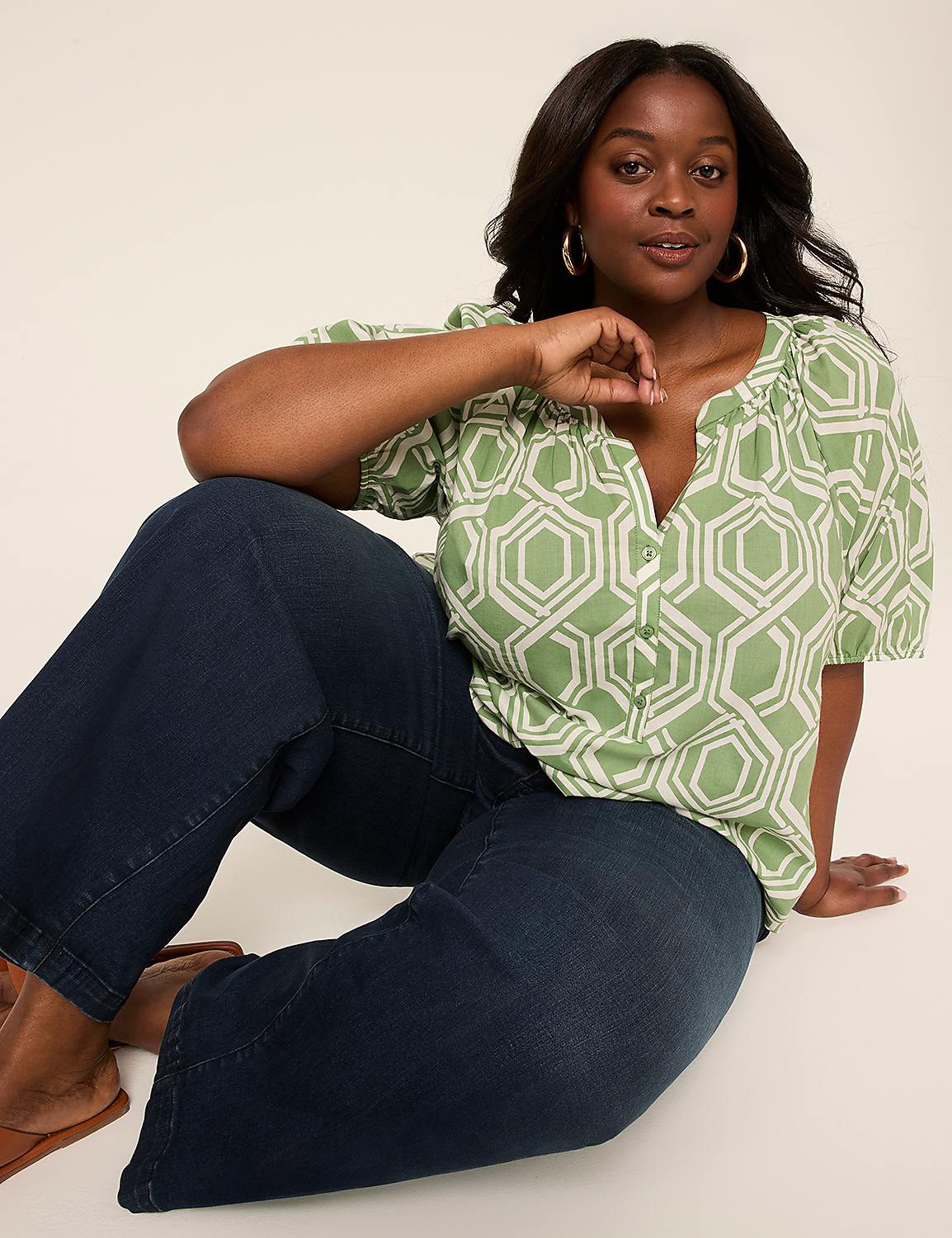 Puff-Sleeve Split-Neck Top Product Image 3