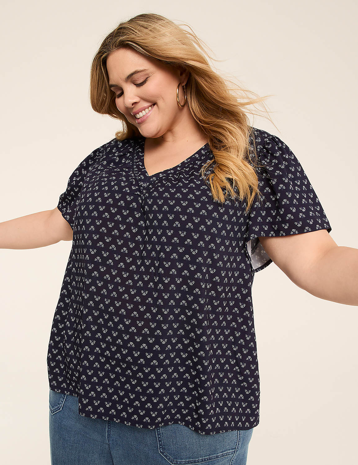 Short-Flutter-Sleeve V-Neck Popover Top Product Image 1