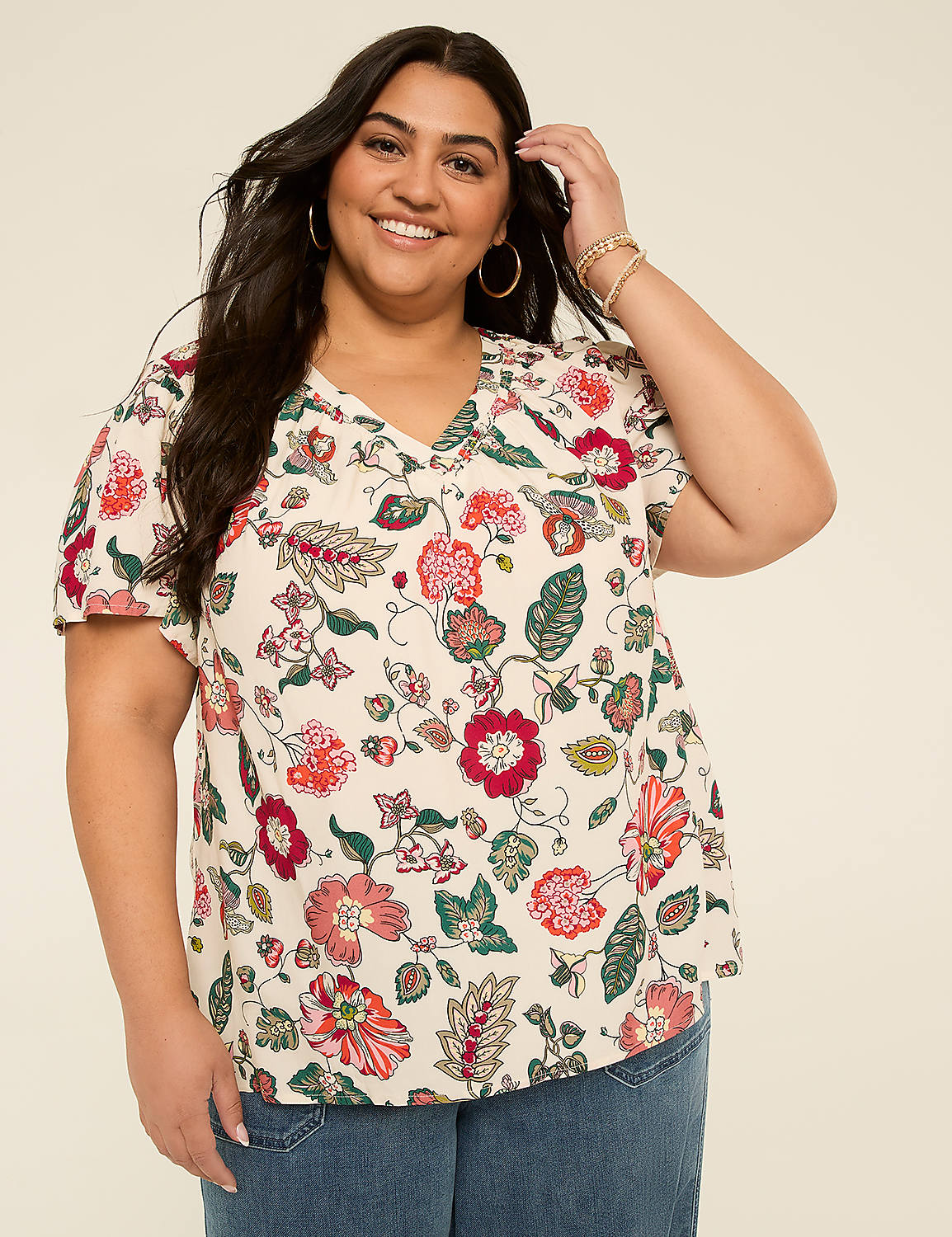 Short-Flutter-Sleeve V-Neck Popover Top Product Image 1