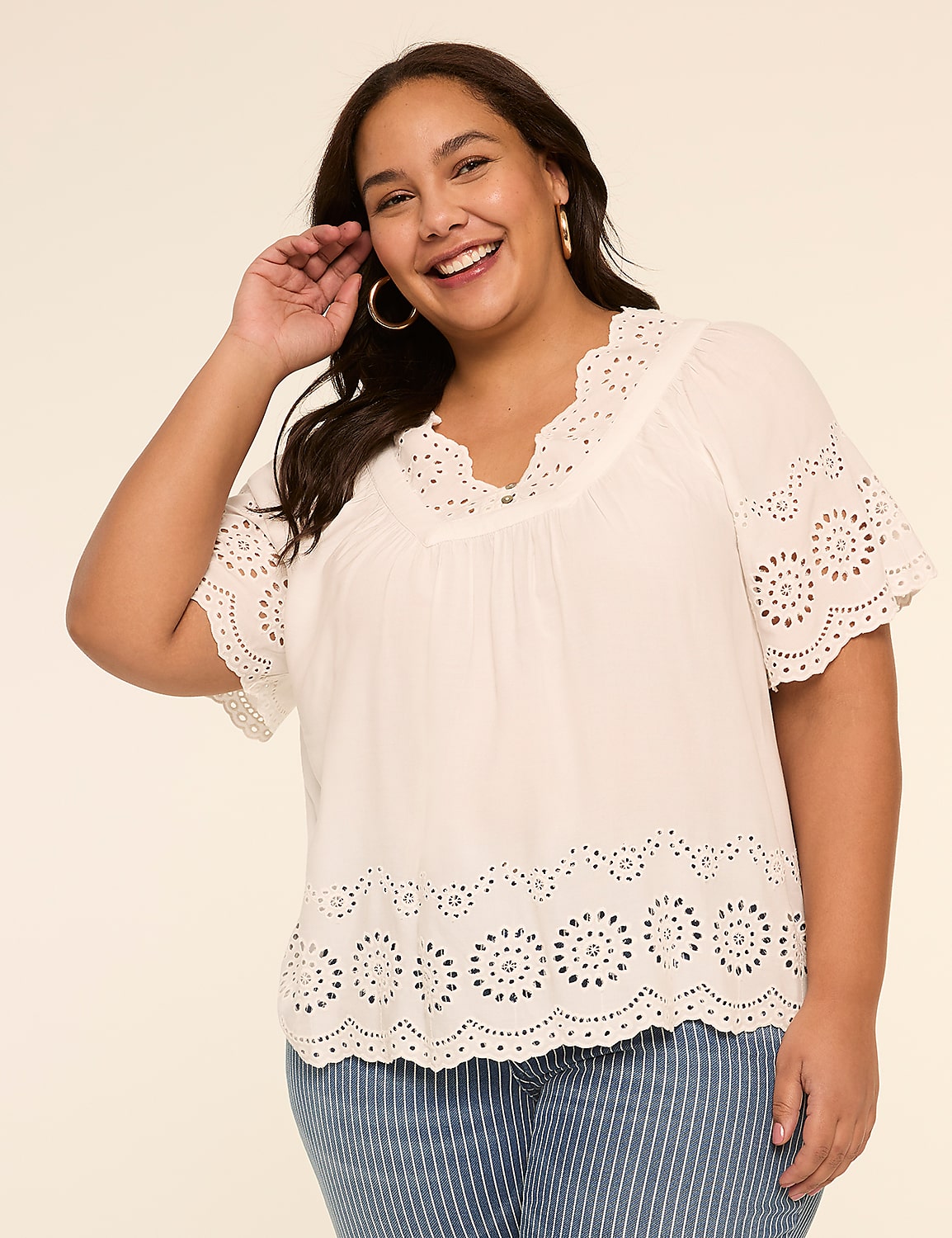 Swing V-Neck Eyelet Blouse Product Image 1