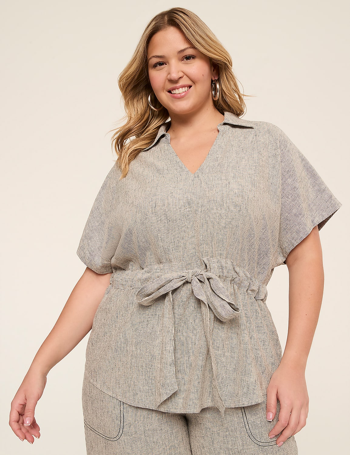 V-Neck Popover Shirt With Belted Waist Product Image 1