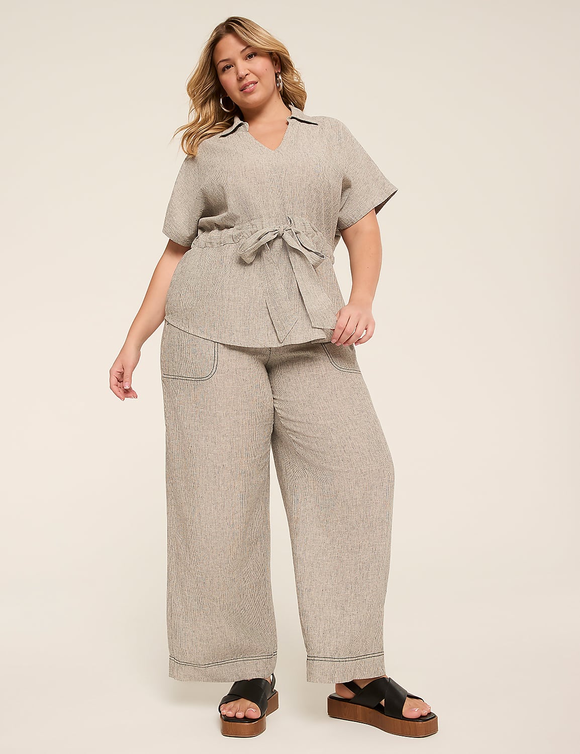 V-Neck Popover Shirt With Belted Waist Product Image 3