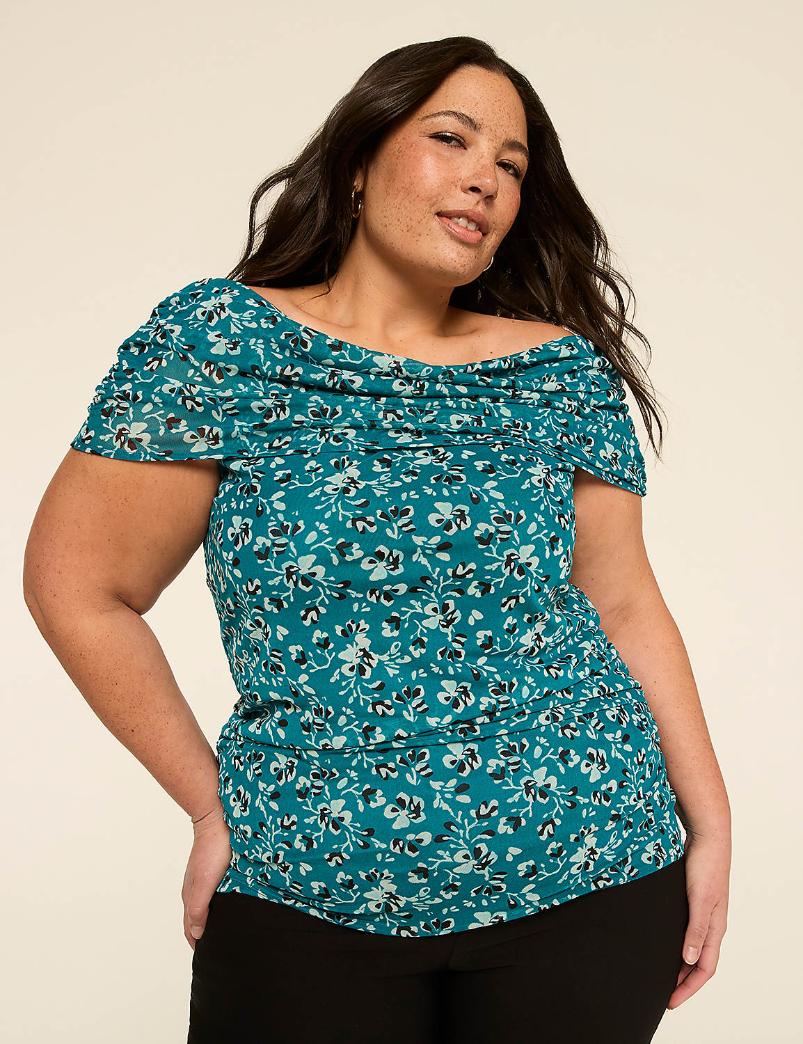 Off-The-Shoulder Side Ruched Mesh Top Product Image 1