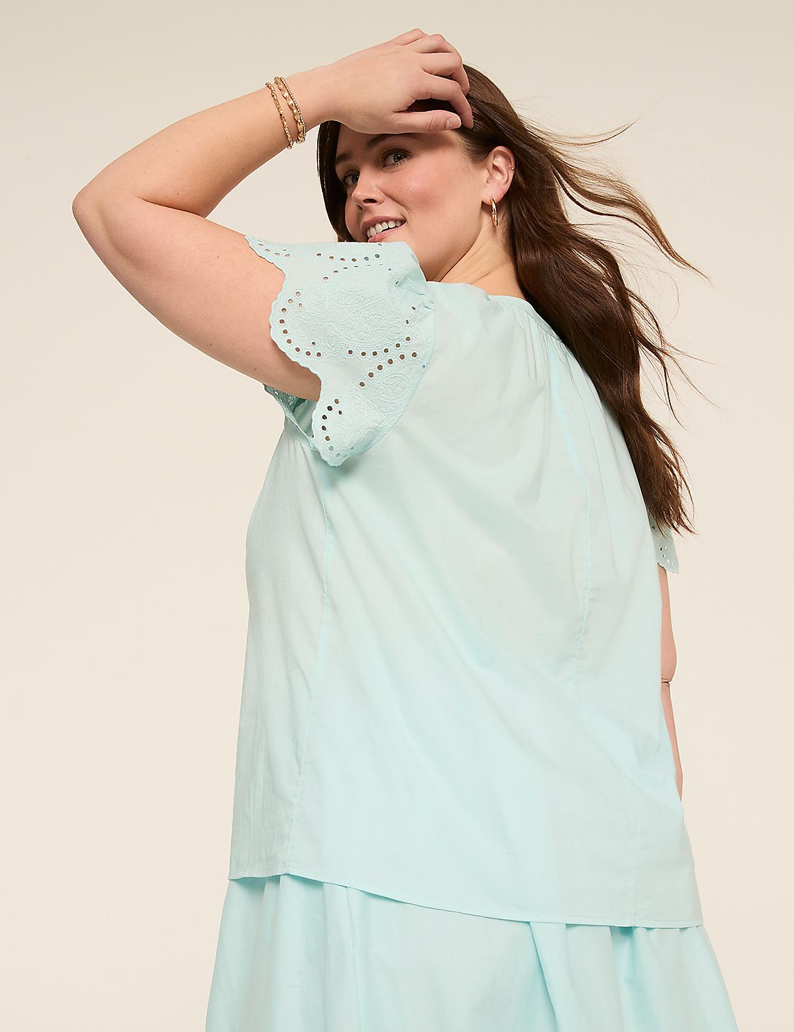 Short-Sleeve Notch-Neck Eyelet Top Product Image 2