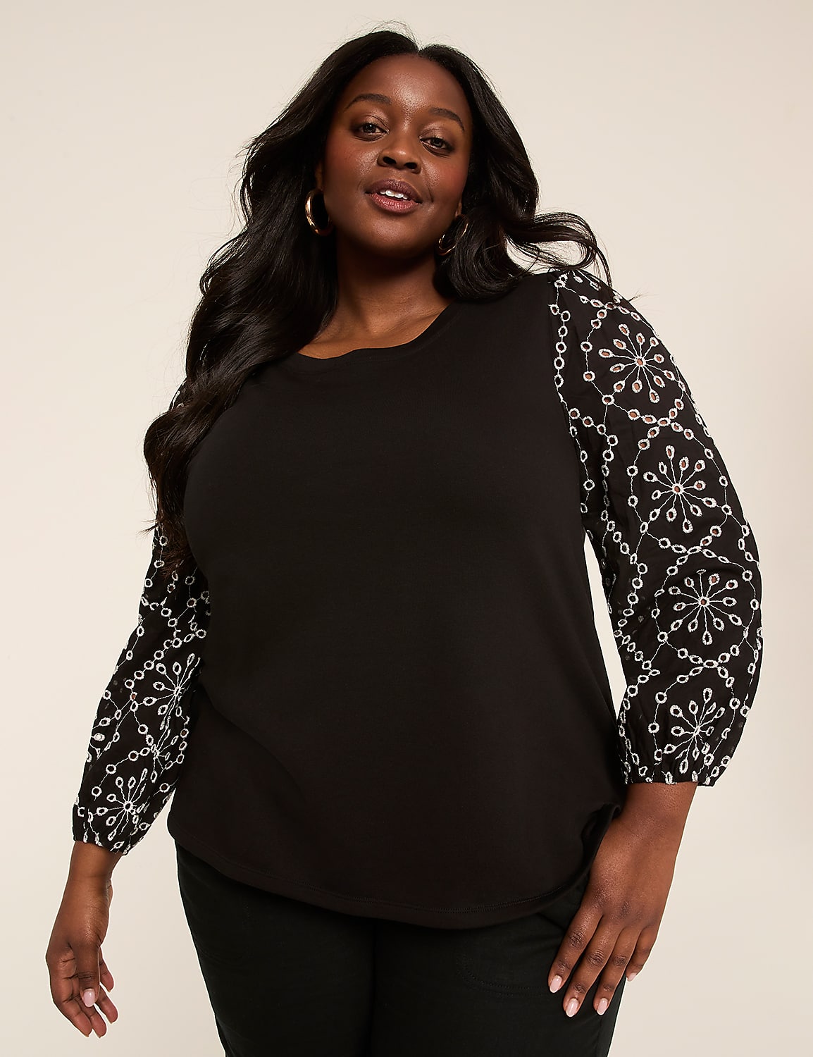 Long-Sleeve Eyelet Crew-Neck Top Product Image 1