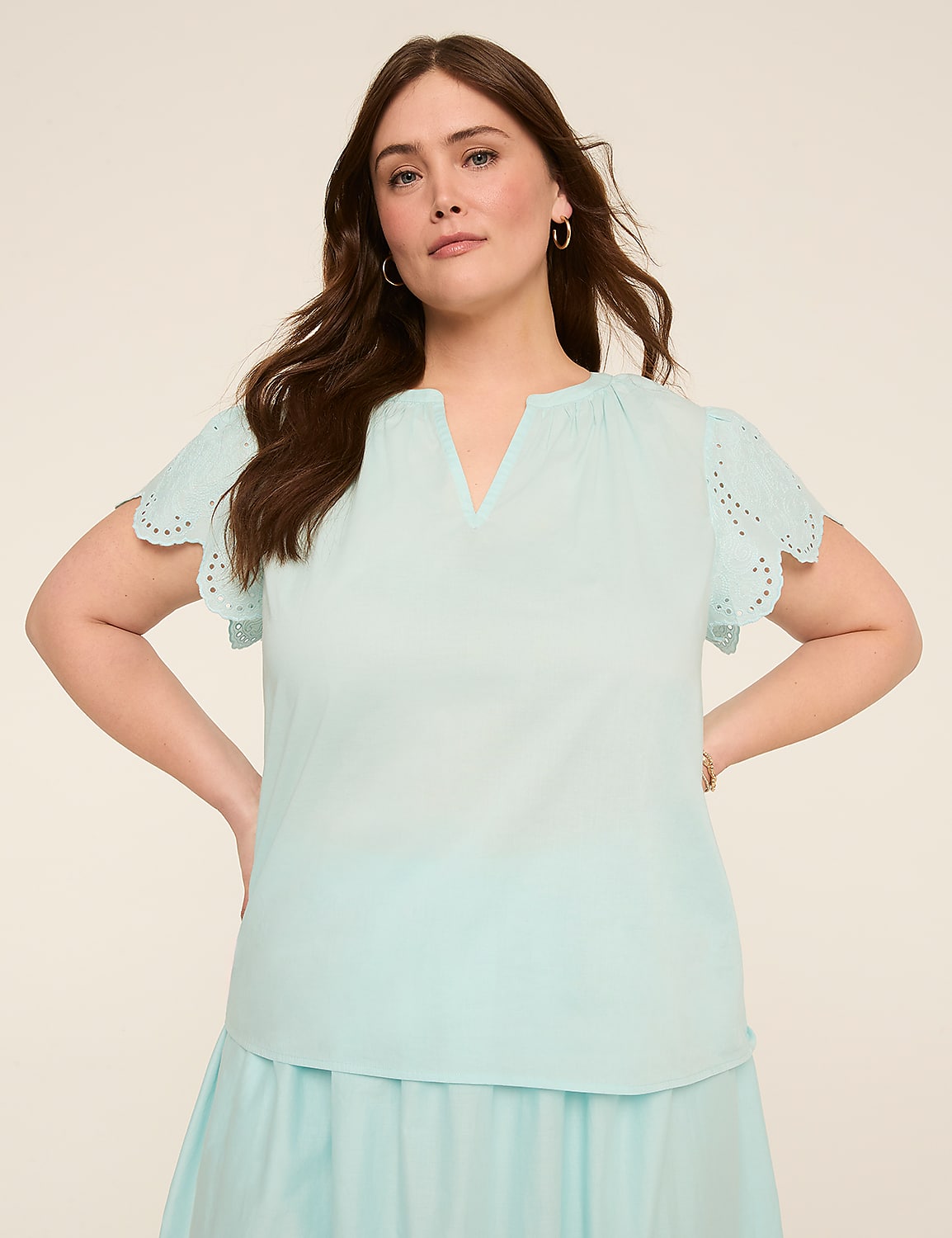 Short-Sleeve Notch-Neck Eyelet Top Product Image 1