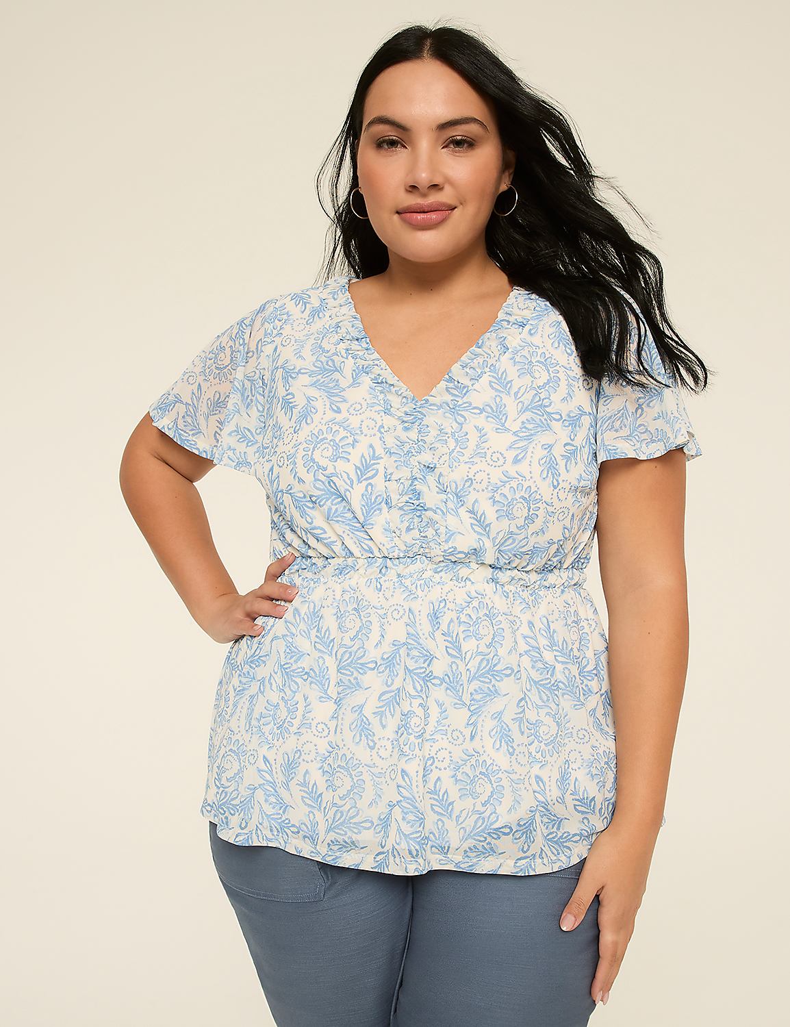 Short Flutter Sleeve V-Neck Shirred Top Product Image 1