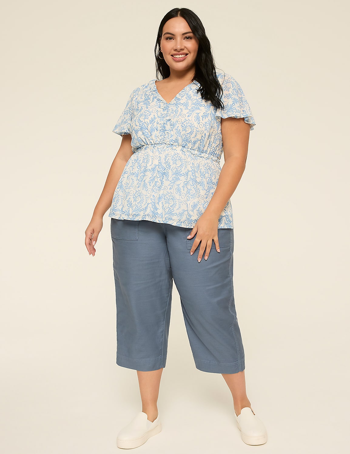 Short Flutter Sleeve V-Neck Shirred Top Product Image 3
