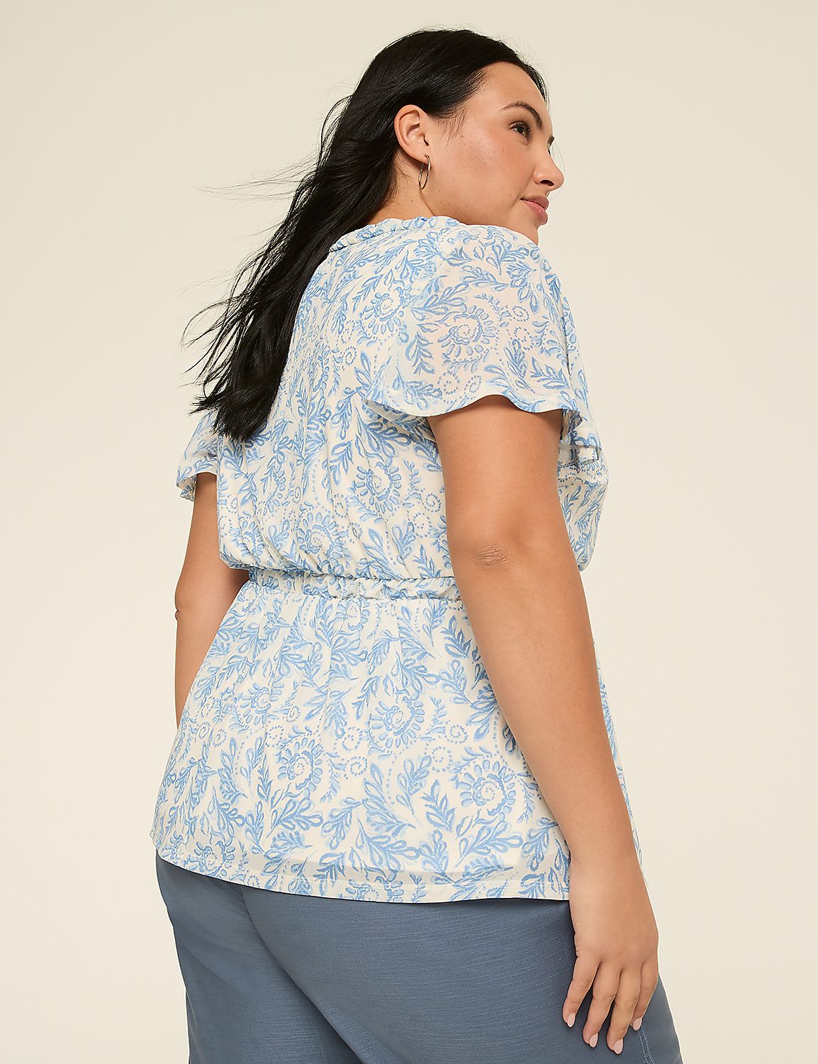 Short Flutter Sleeve V-Neck Shirred Top Product Image 2