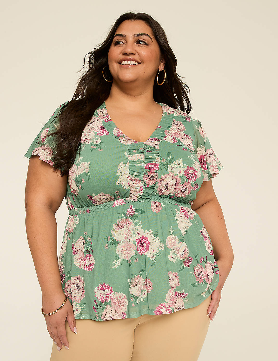 Short Flutter Sleeve V-Neck Shirred Top Product Image 1