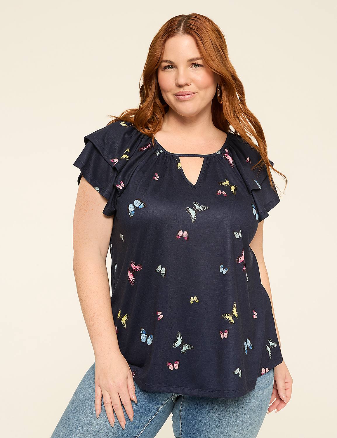 Double Flutter-Sleeve Keyhole Top Product Image 1
