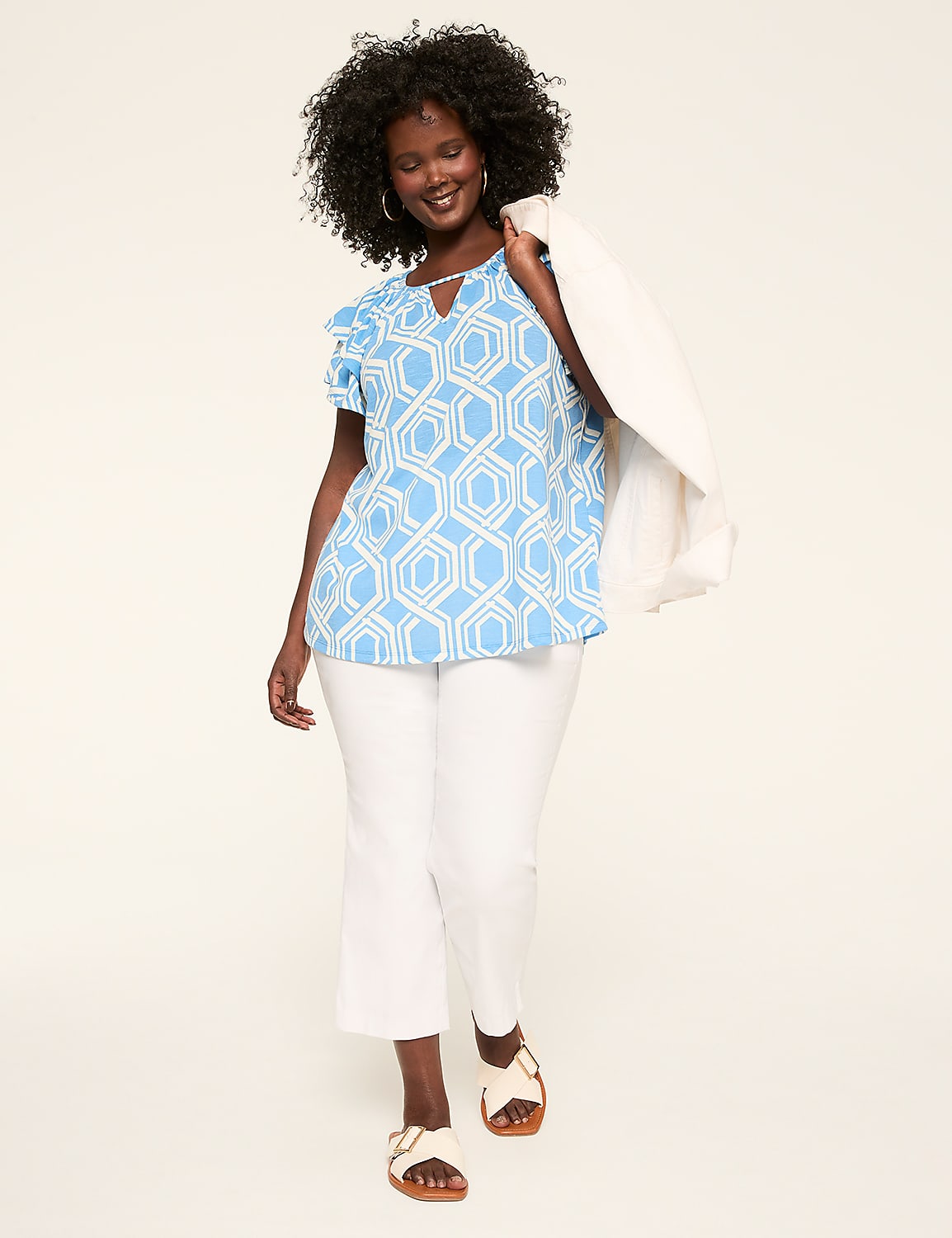 Double Flutter-Sleeve Keyhole Top Product Image 3