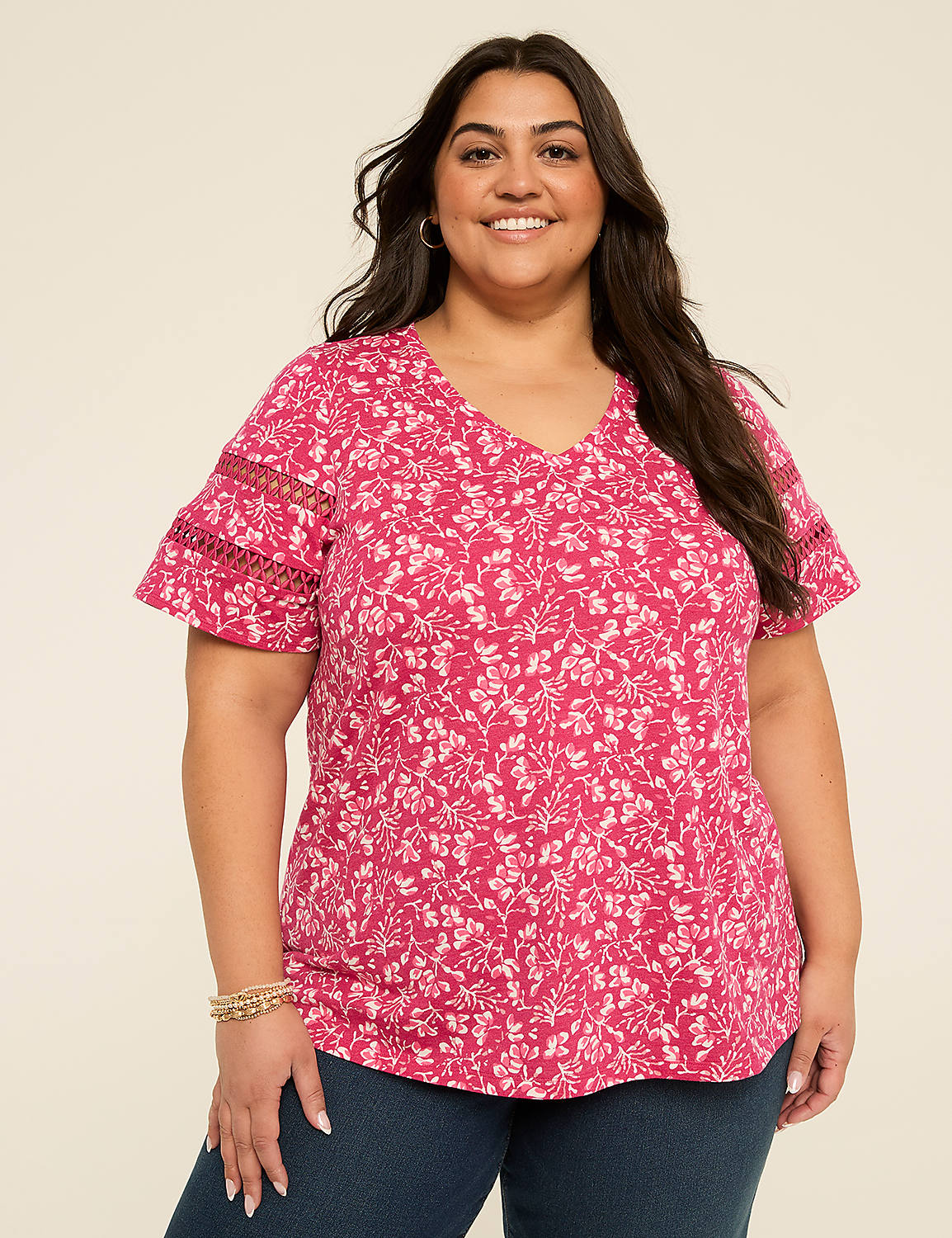 Short-Sleeve V-Neck Crochet Tee Product Image 1