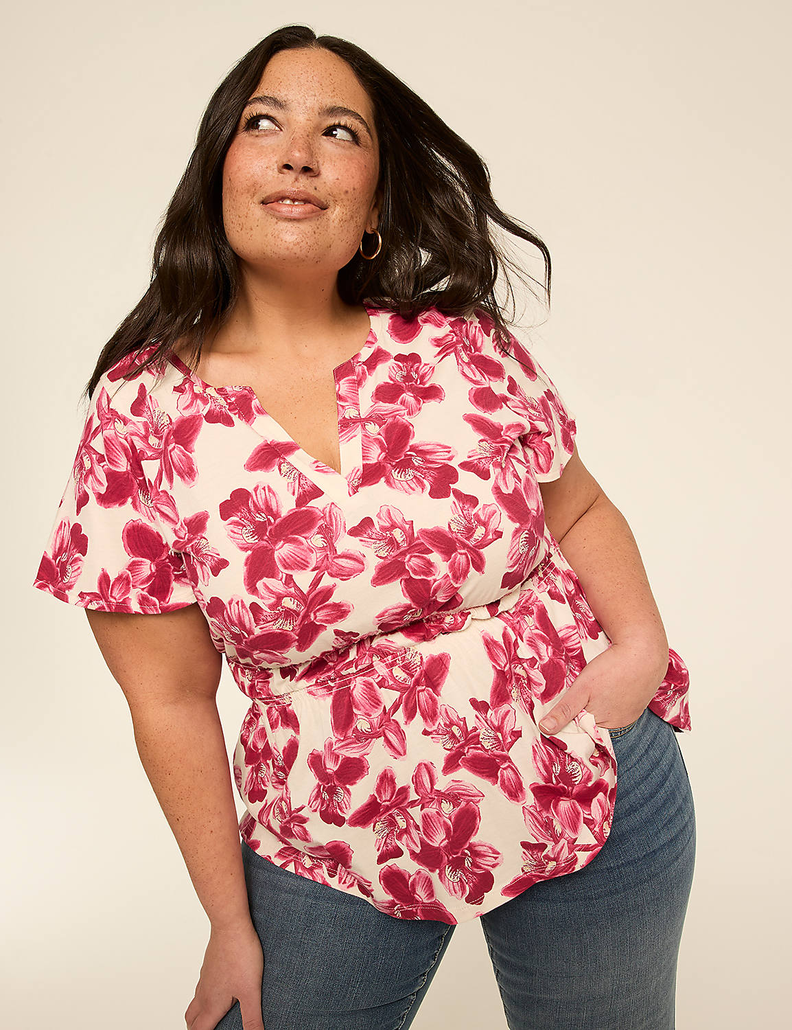 Short-Sleeve Notch-Neck Peplum Top Product Image 1