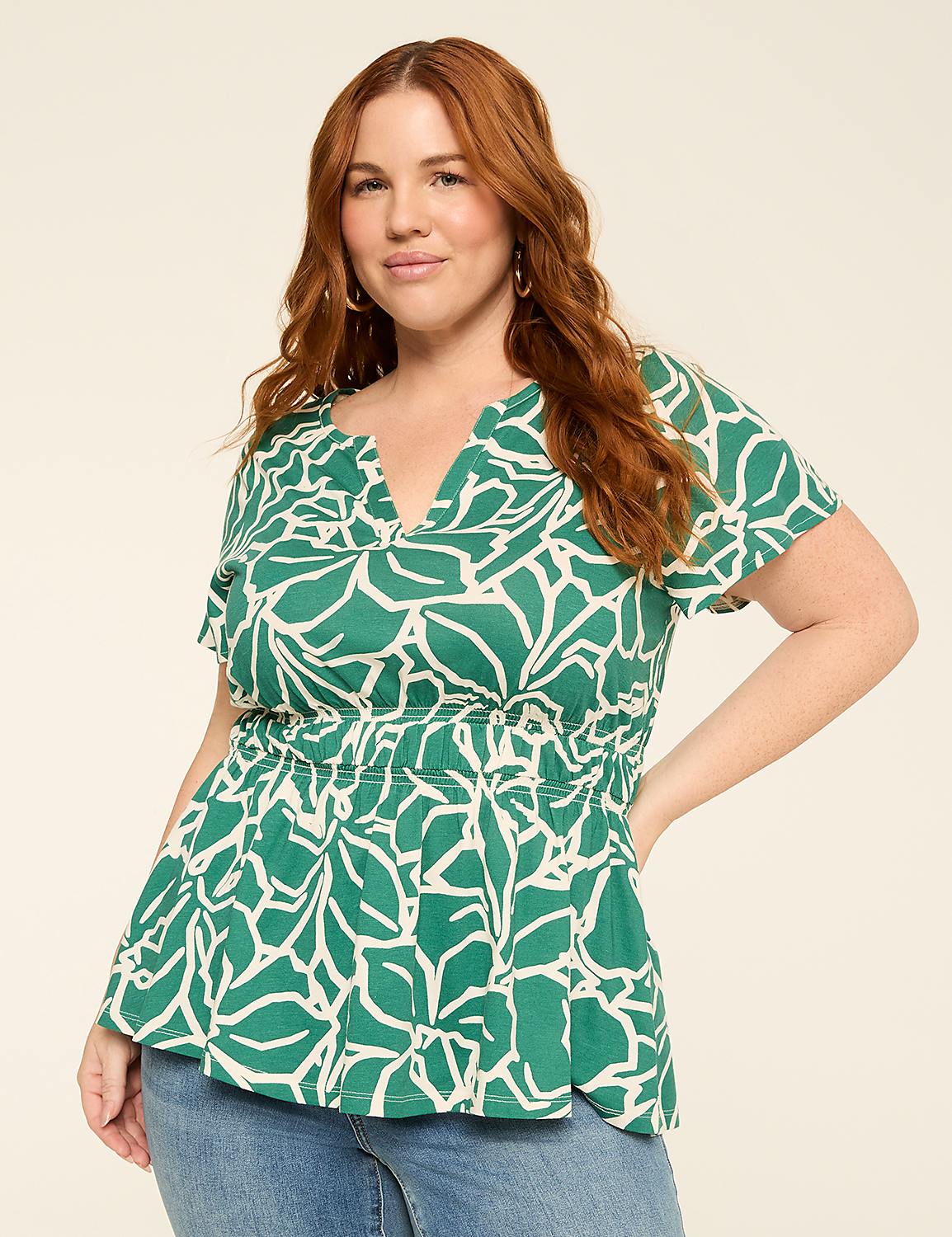 Short-Sleeve Notch-Neck Peplum Top Product Image 1