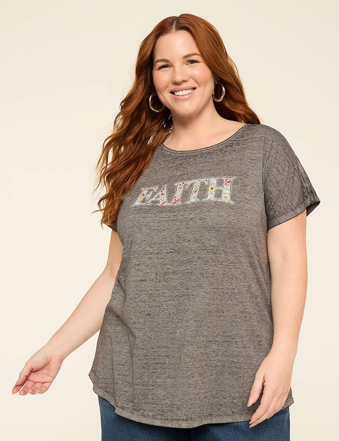 Scoop-Neck Short-Sleeve Strappy Back Faith Graphic Tee Product Image 1