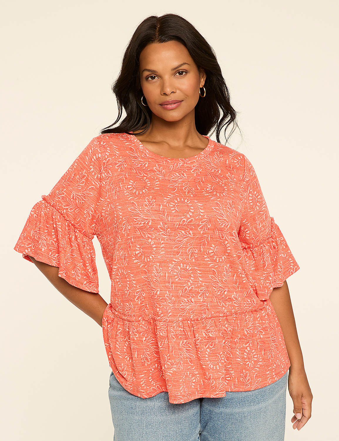 Short-Sleeve Crew-Neck Ruffle Babydoll Top Product Image 1