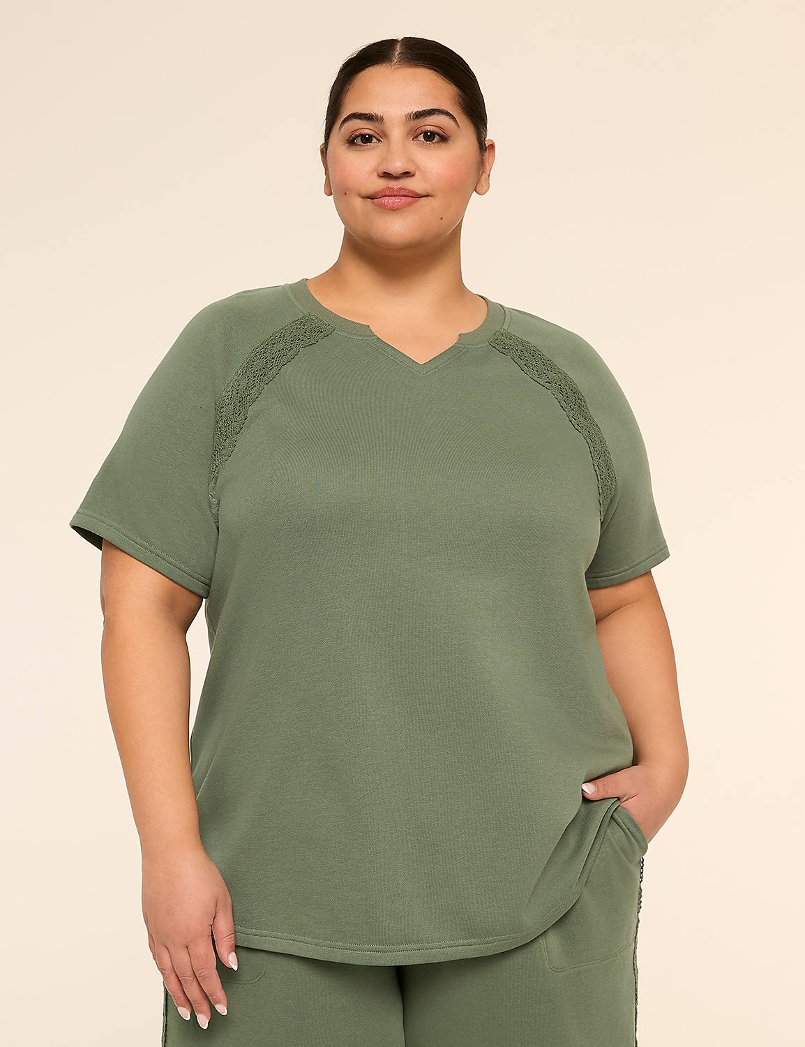 LIVI French Terry Elbow-Sleeve Crochet-Trim Sweatshirt Product Image 1